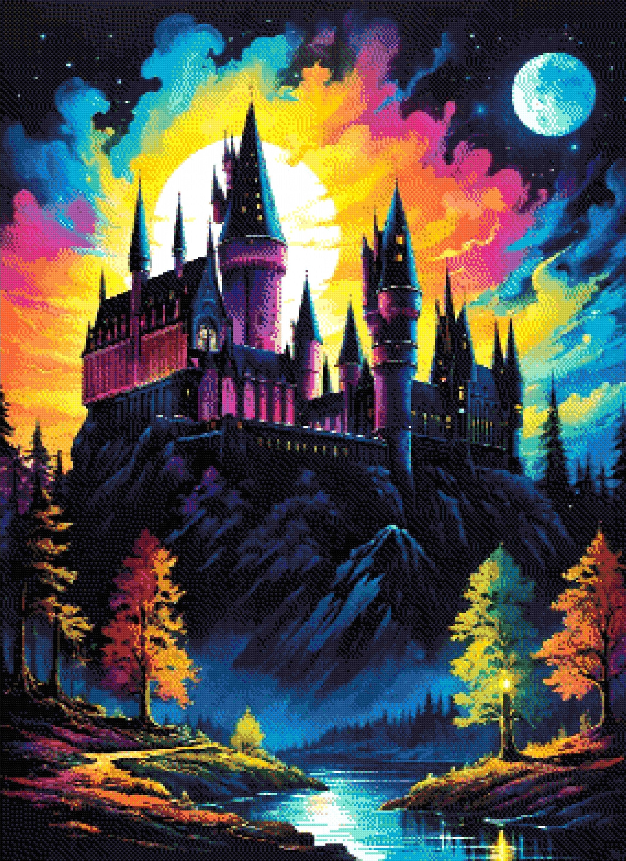 A Diamond Painting Rendering Of A Grand Castle Illuminated By A Full Moon With A Vibrant Sky Of Blue, Purple, And Orange, Reflecting In A Tranquil River Below.. Size - 80cm X 110cm