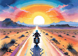 A Diamond Painting Rendering Of A Motorcyclist Rides Down A Long Road Through A Desert At Sunset, With A Vibrant Sky Of Pink, Orange, And Blue Hues.. Size - 110cm X 80cm