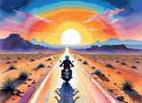 A Diamond Painting Rendering Of A Motorcyclist Rides Down A Long Road Through A Desert At Sunset, With A Vibrant Sky Of Pink, Orange, And Blue Hues.. Size - 110cm X 80cm