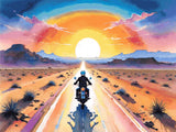 A Diamond Painting Rendering Of A Motorcyclist Rides Down A Long Road Through A Desert At Sunset, With A Vibrant Sky Of Pink, Orange, And Blue Hues.. Size - 120cm X 90cm