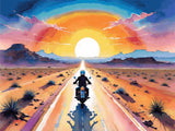 A Diamond Painting Rendering Of A Motorcyclist Rides Down A Long Road Through A Desert At Sunset, With A Vibrant Sky Of Pink, Orange, And Blue Hues.. Size - 120cm X 90cm