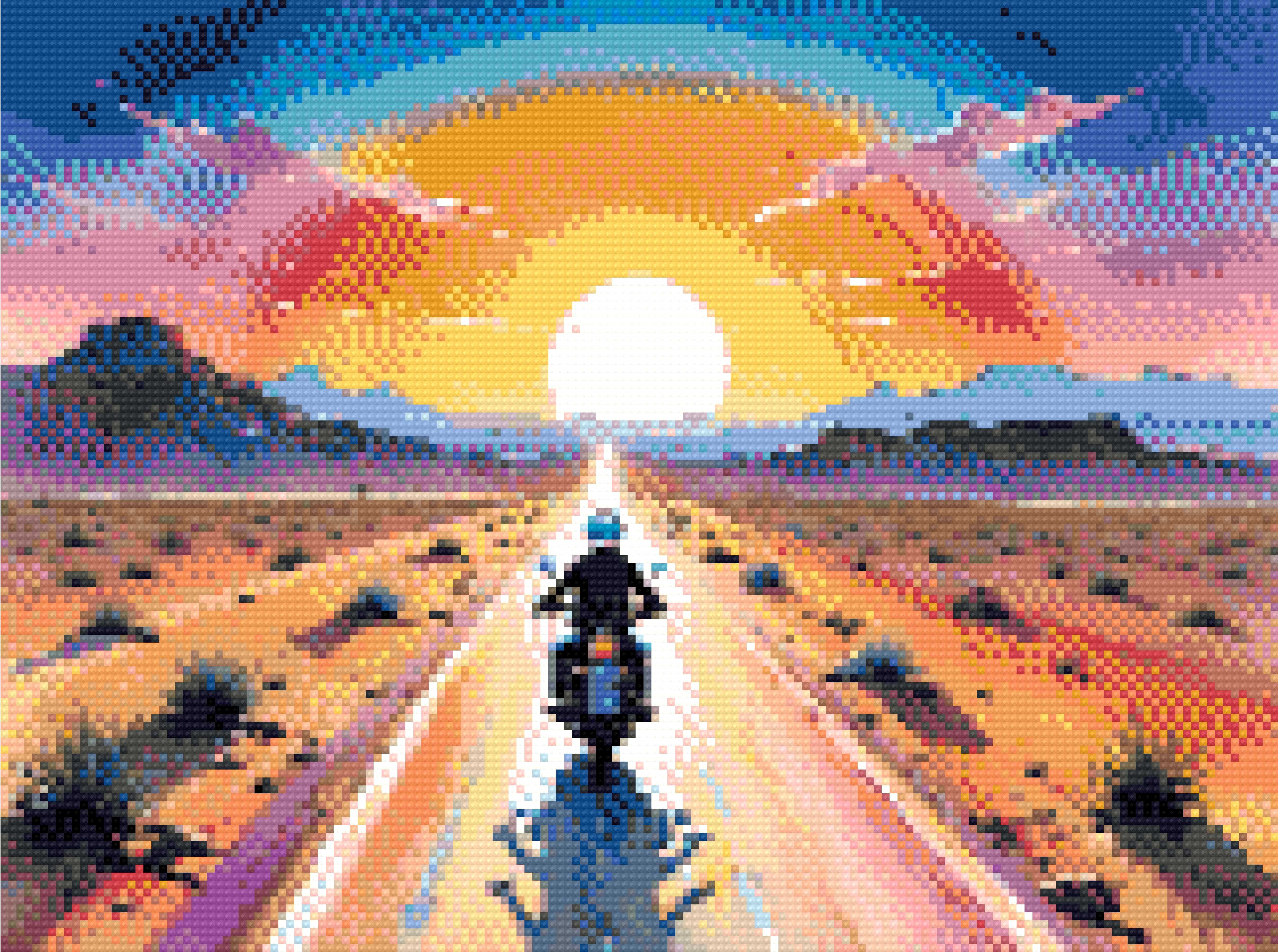 A Diamond Painting Rendering Of A Motorcyclist Rides Down A Long Road Through A Desert At Sunset, With A Vibrant Sky Of Pink, Orange, And Blue Hues.. Size - 40cm X 30cm
