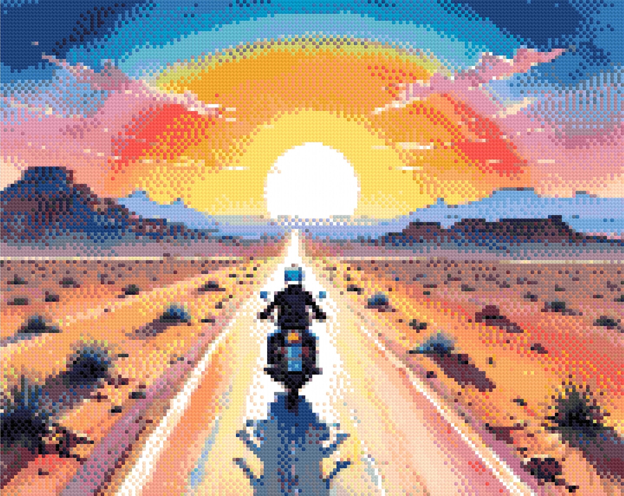 A Diamond Painting Rendering Of A Motorcyclist Rides Down A Long Road Through A Desert At Sunset, With A Vibrant Sky Of Pink, Orange, And Blue Hues.. Size - 50cm X 40cm