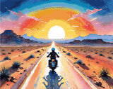 A Diamond Painting Rendering Of A Motorcyclist Rides Down A Long Road Through A Desert At Sunset, With A Vibrant Sky Of Pink, Orange, And Blue Hues.. Size - 50cm X 40cm
