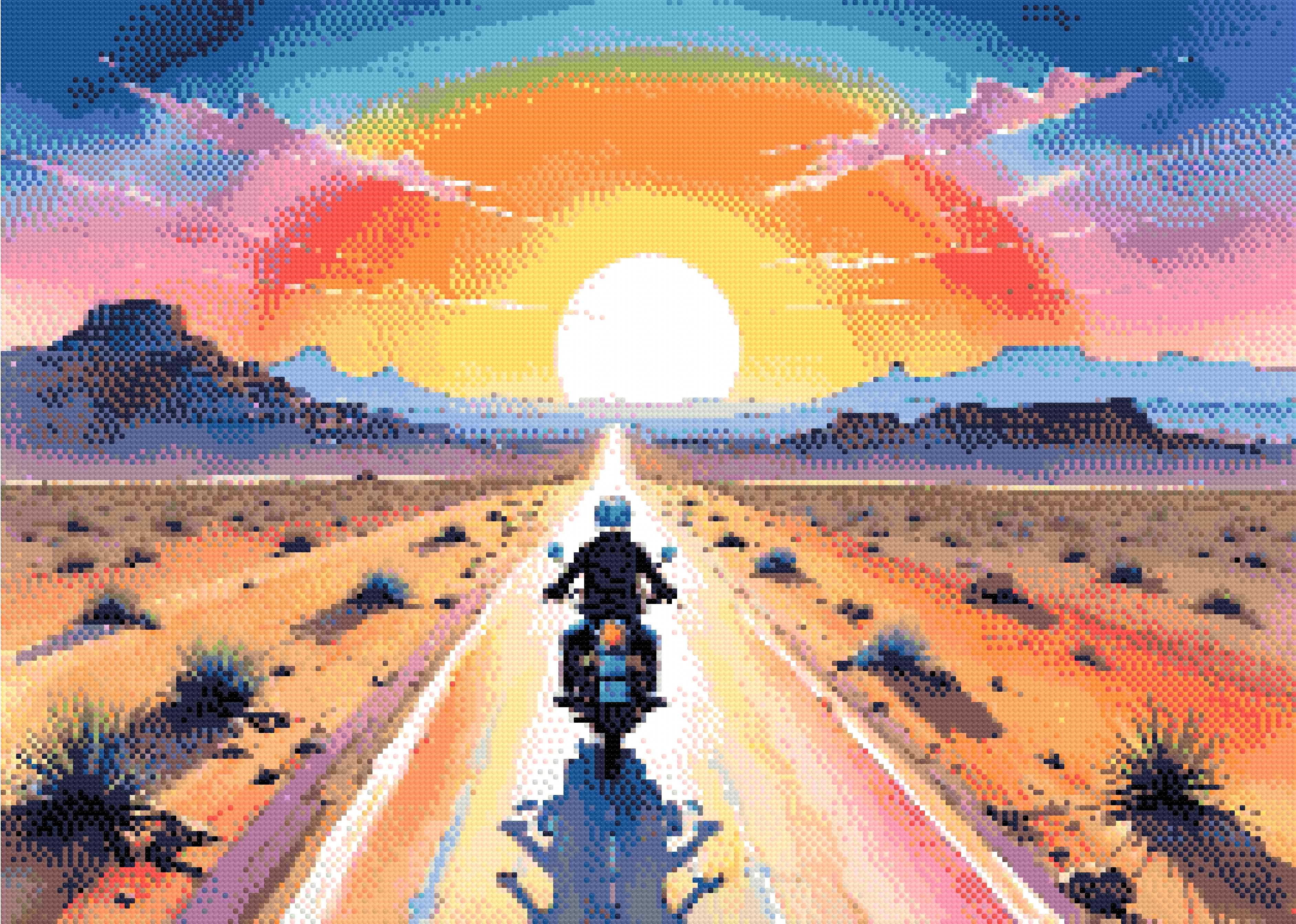 A Diamond Painting Rendering Of A Motorcyclist Rides Down A Long Road Through A Desert At Sunset, With A Vibrant Sky Of Pink, Orange, And Blue Hues.. Size - 70cm X 50cm