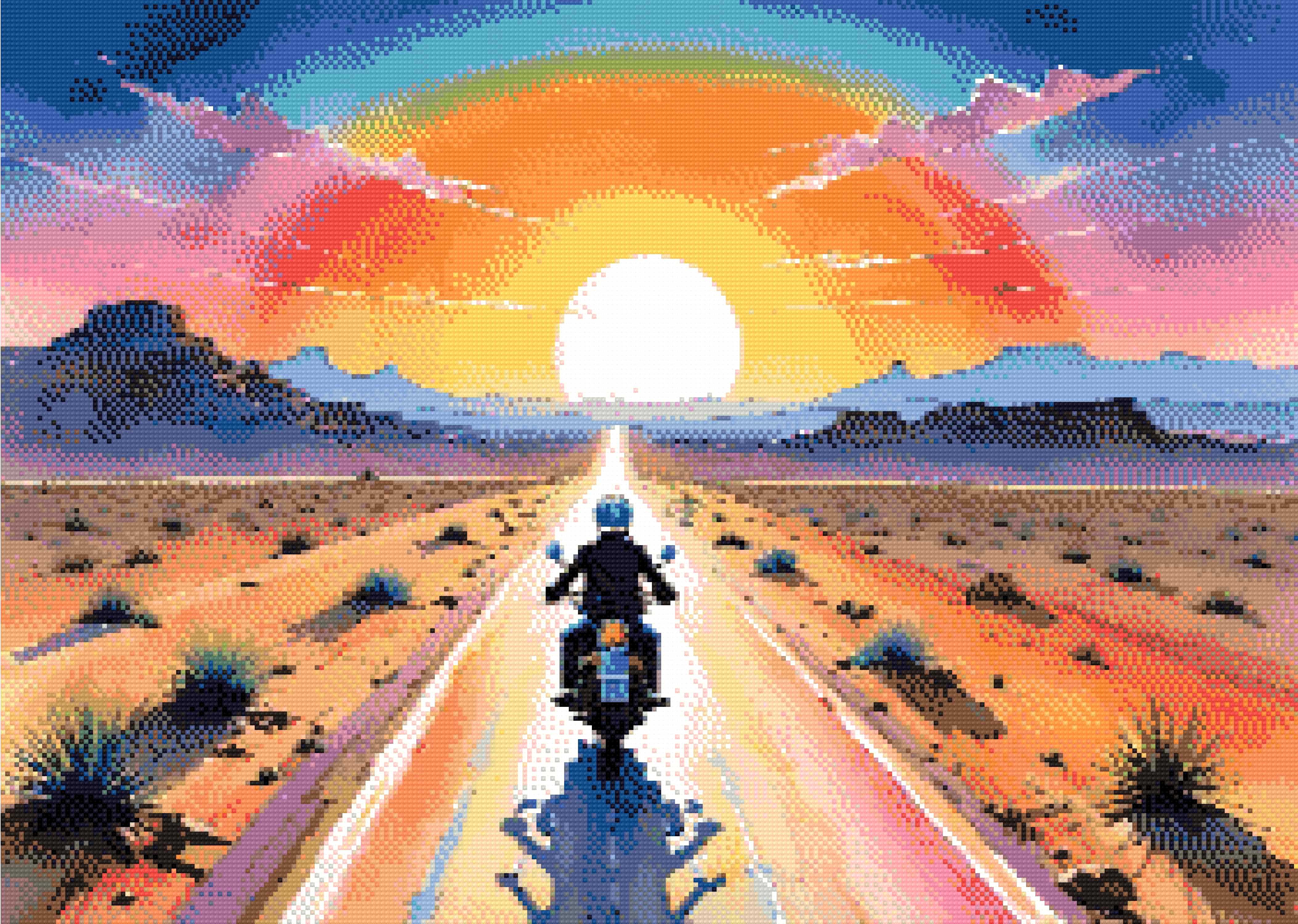 A Diamond Painting Rendering Of A Motorcyclist Rides Down A Long Road Through A Desert At Sunset, With A Vibrant Sky Of Pink, Orange, And Blue Hues.. Size - 70cm X 50cm