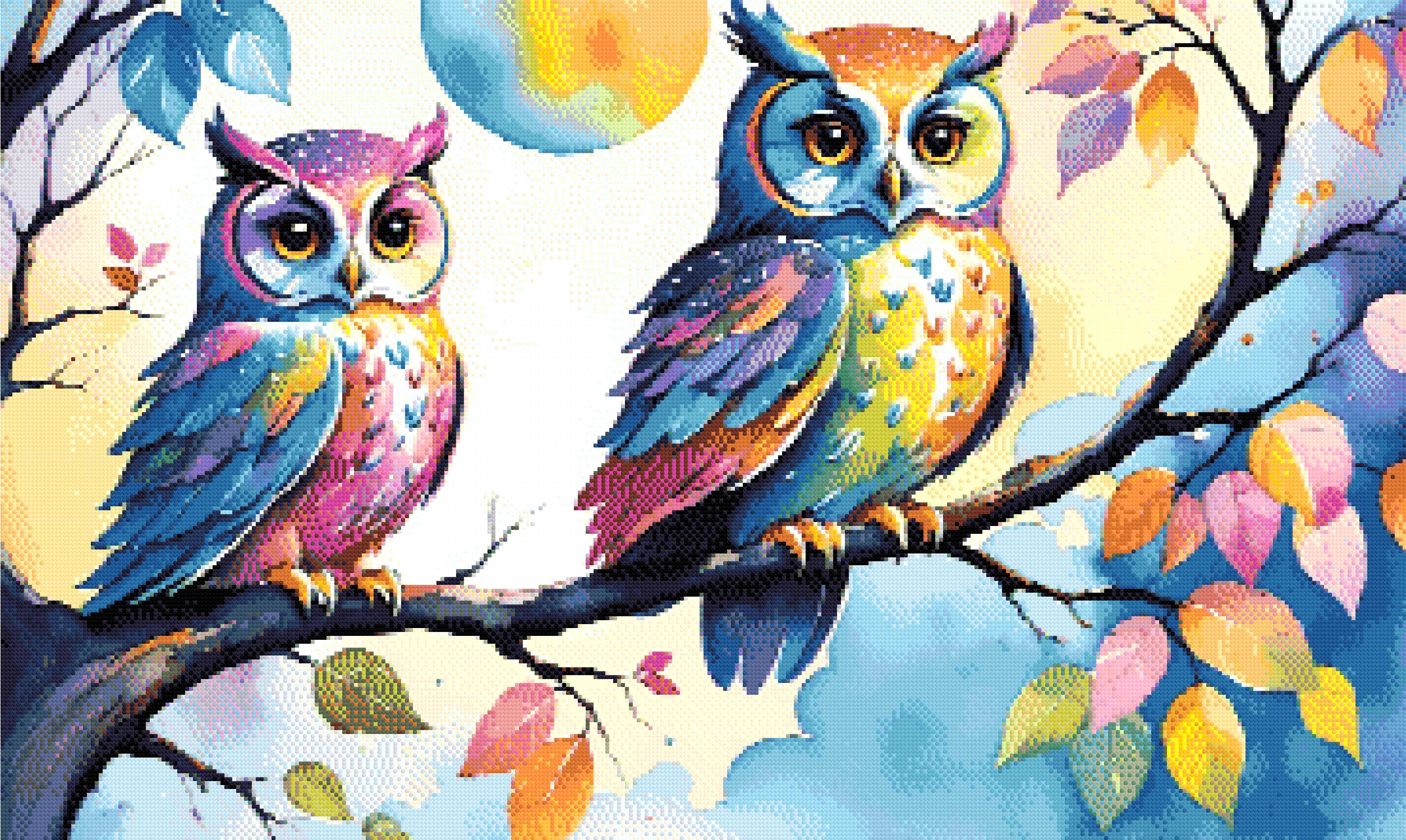 A Diamond Painting Rendering Of Two Colourful Owls With Vibrant Feathers Perch On A Tree Branch Under A Moonlit Sky With Autumn Leaves And Pastel Clouds. Size - 100cm X 60cm