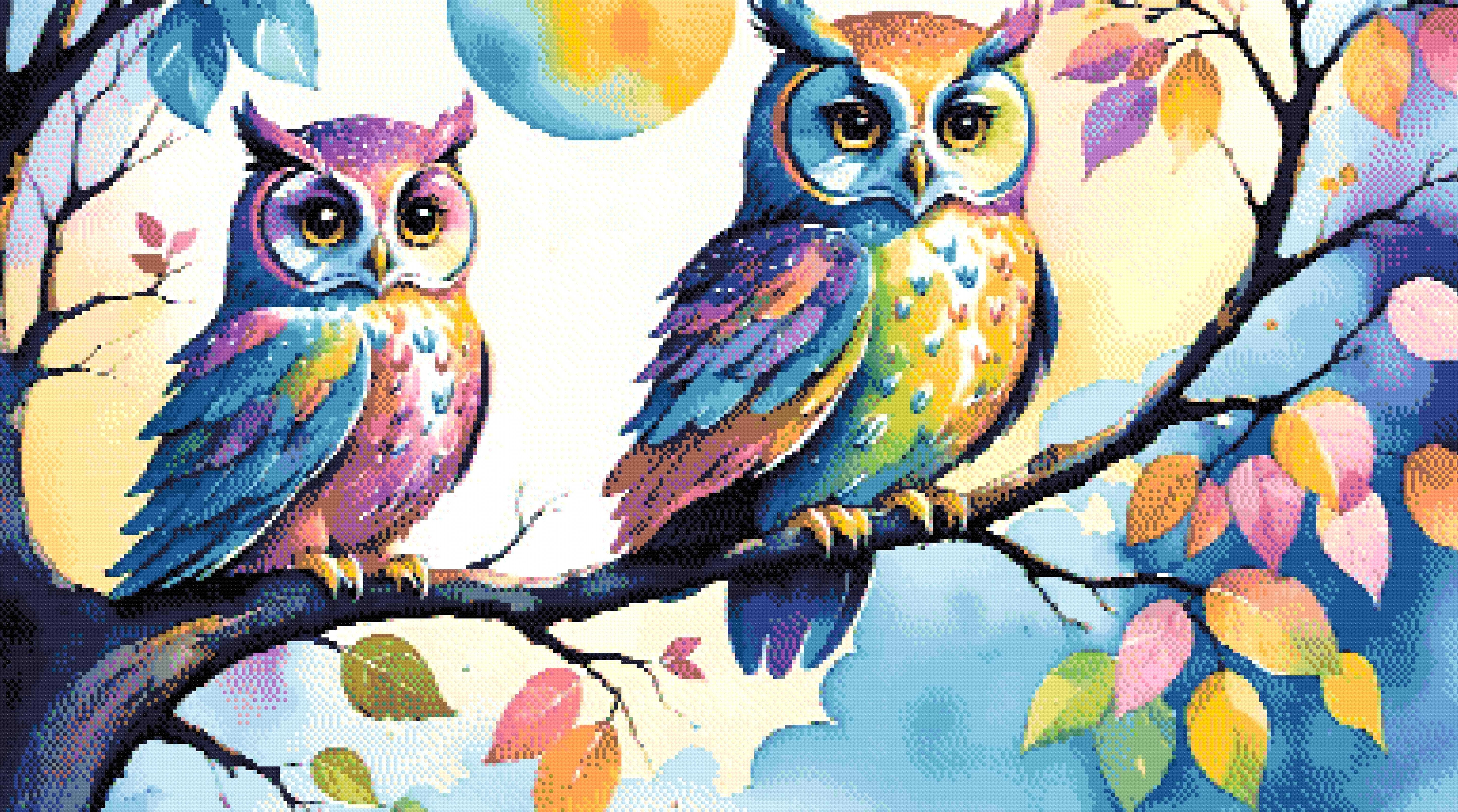 A Diamond Painting Rendering Of Two Colourful Owls With Vibrant Feathers Perch On A Tree Branch Under A Moonlit Sky With Autumn Leaves And Pastel Clouds. Size - 110cm X 60cm