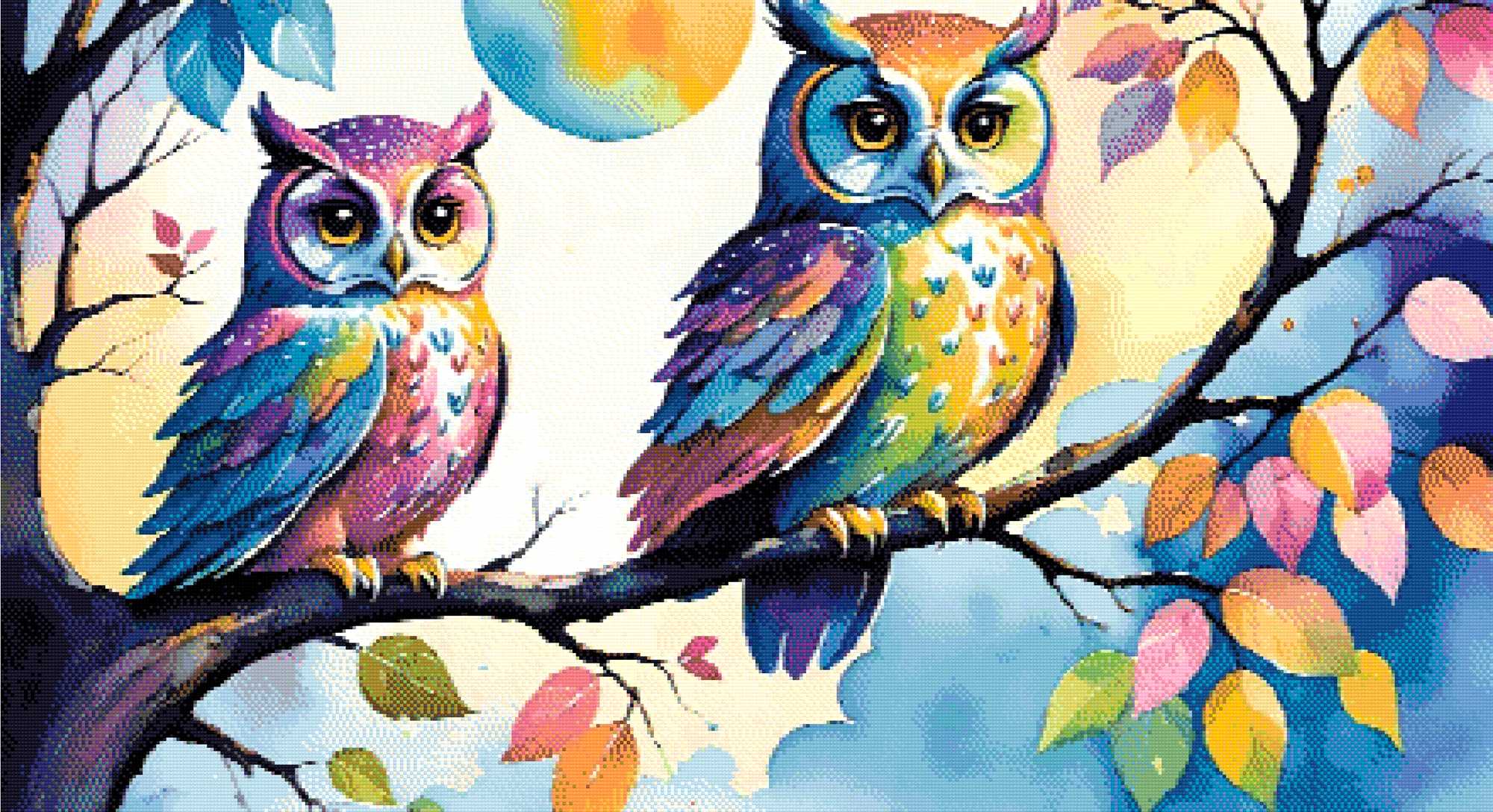 A Diamond Painting Rendering Of Two Colourful Owls With Vibrant Feathers Perch On A Tree Branch Under A Moonlit Sky With Autumn Leaves And Pastel Clouds. Size - 110cm X 60cm