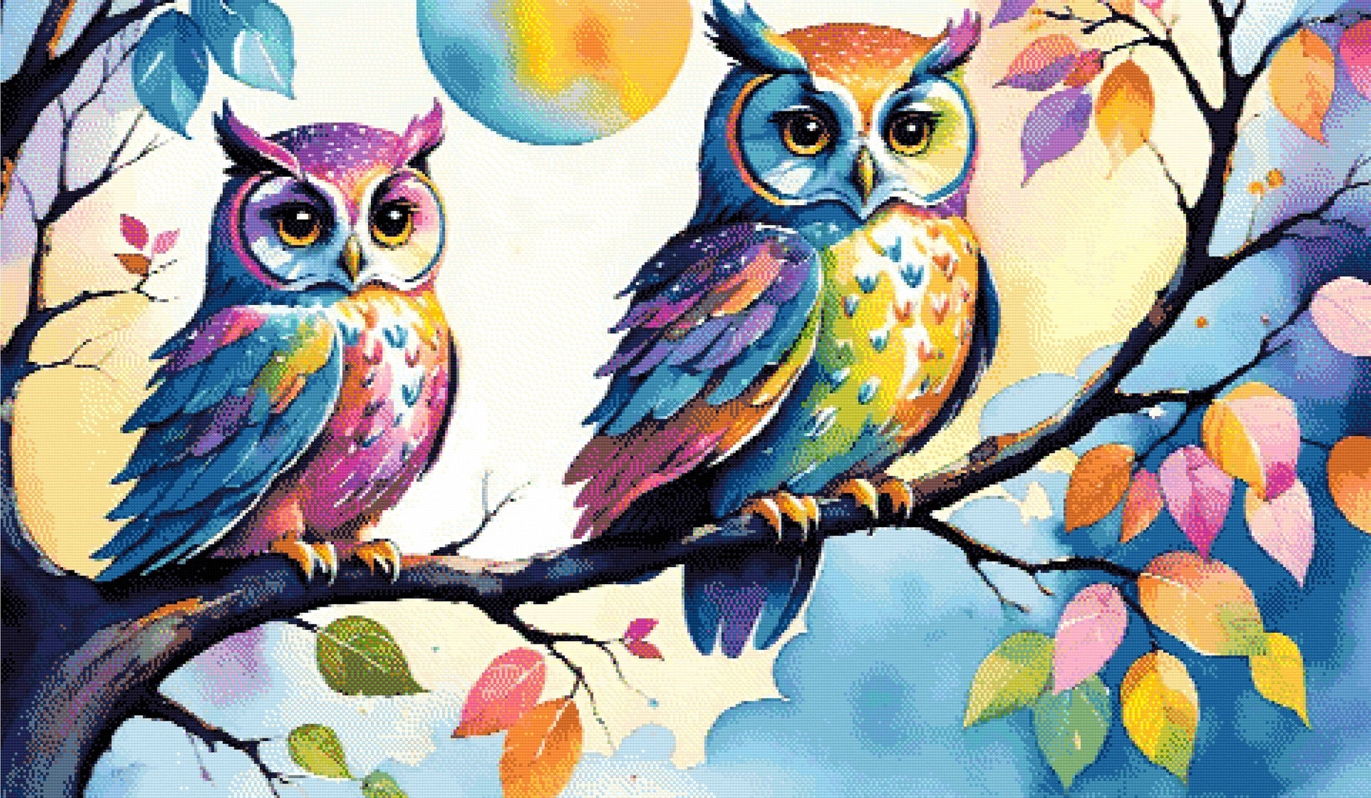A Diamond Painting Rendering Of Two Colourful Owls With Vibrant Feathers Perch On A Tree Branch Under A Moonlit Sky With Autumn Leaves And Pastel Clouds. Size - 120cm X 70cm