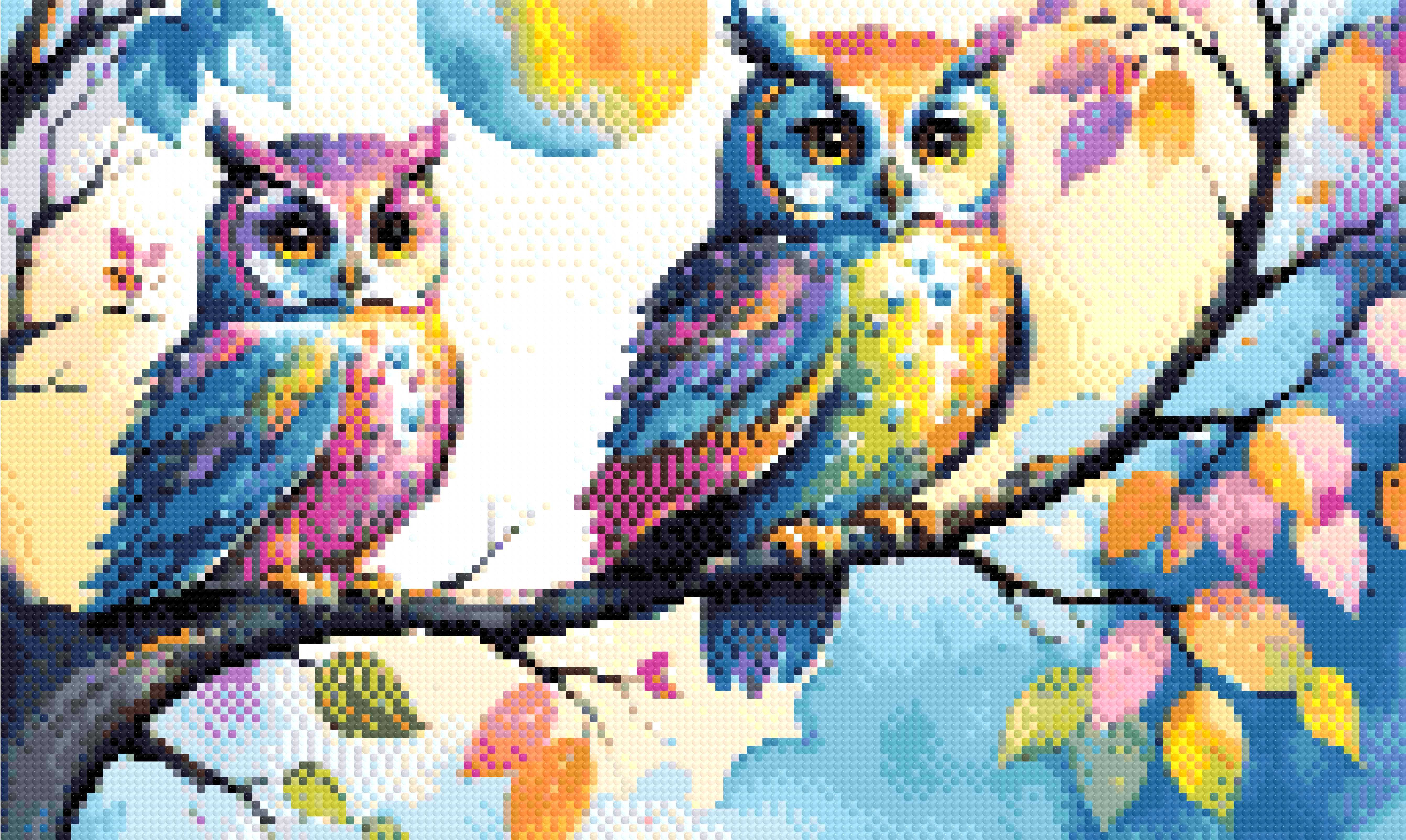 A Diamond Painting Rendering Of Two Colourful Owls With Vibrant Feathers Perch On A Tree Branch Under A Moonlit Sky With Autumn Leaves And Pastel Clouds. Size - 50cm X 30cm