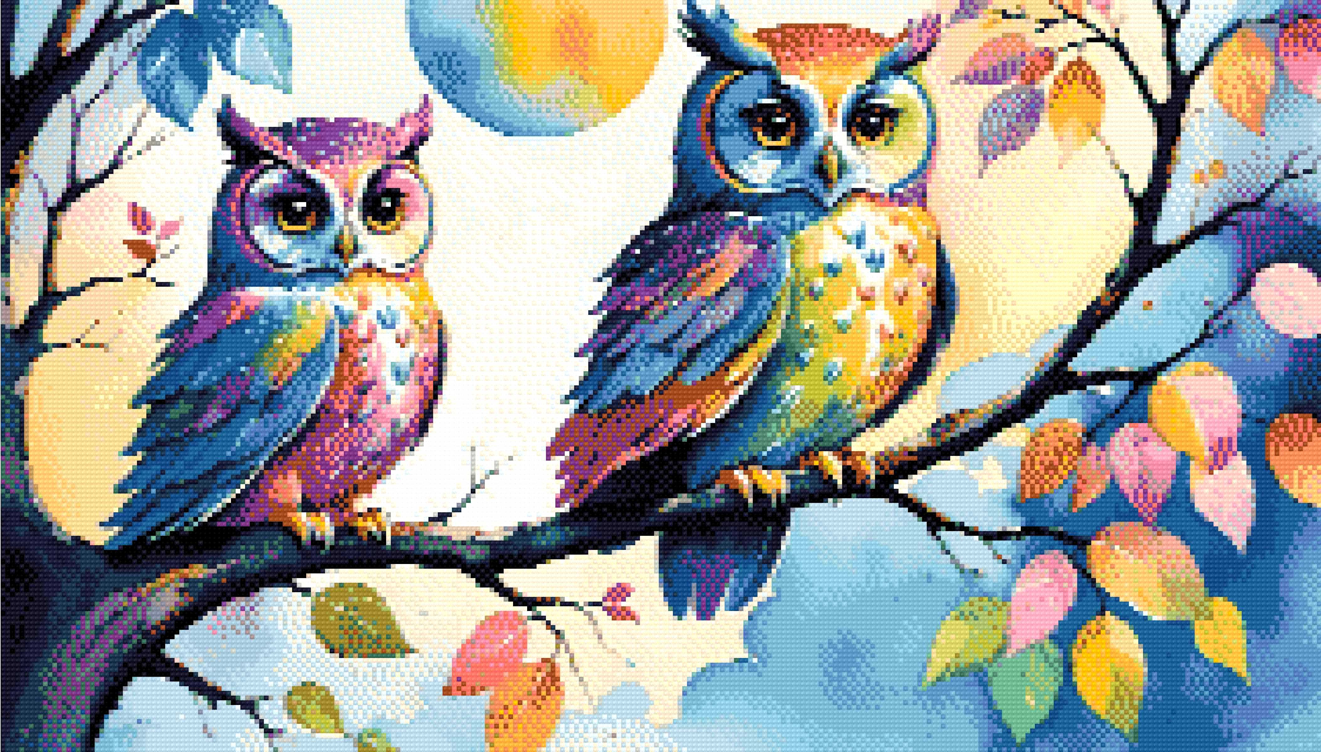 A Diamond Painting Rendering Of Two Colourful Owls With Vibrant Feathers Perch On A Tree Branch Under A Moonlit Sky With Autumn Leaves And Pastel Clouds. Size - 70cm X 40cm