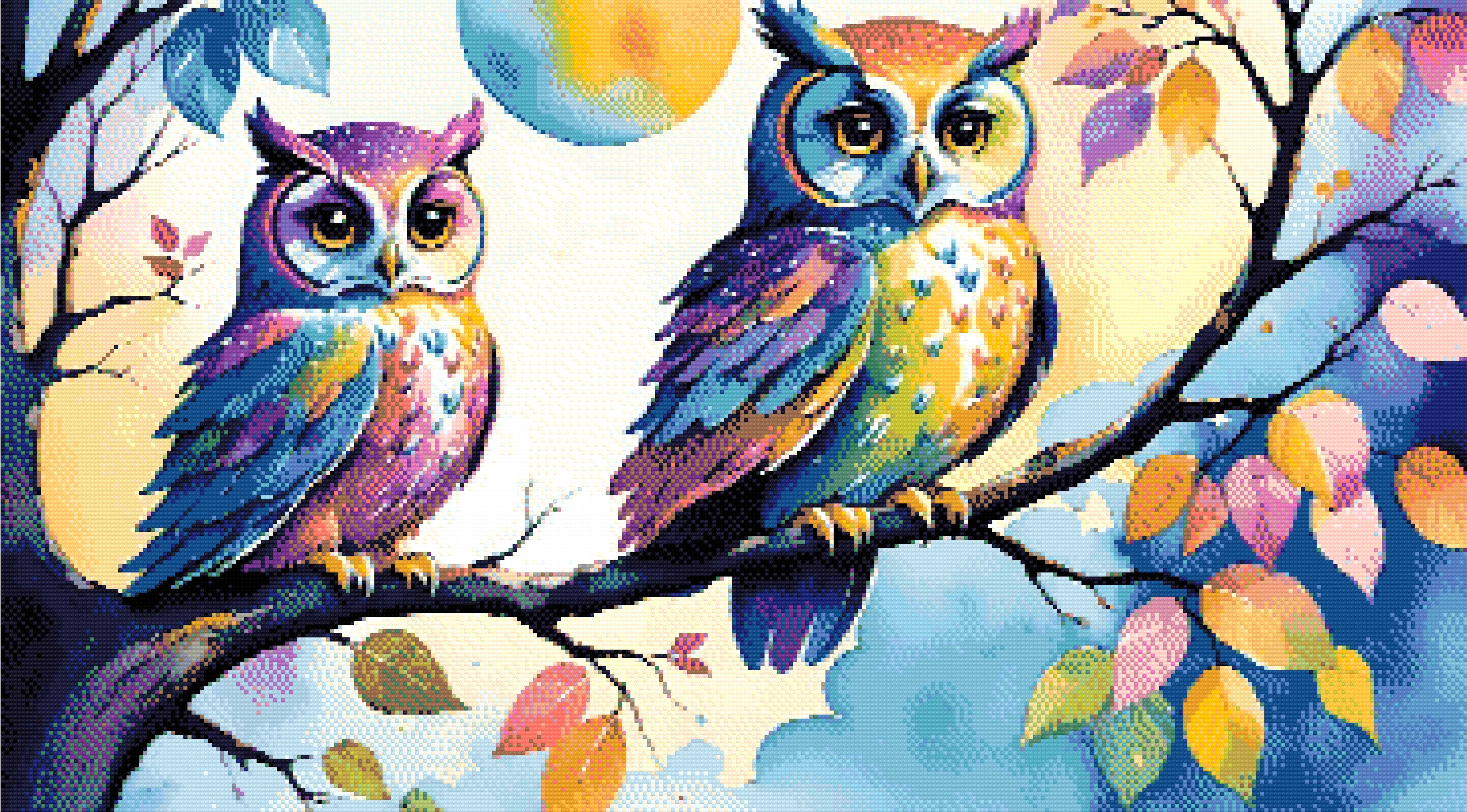 A Diamond Painting Rendering Of Two Colourful Owls With Vibrant Feathers Perch On A Tree Branch Under A Moonlit Sky With Autumn Leaves And Pastel Clouds. Size - 90cm X 50cm