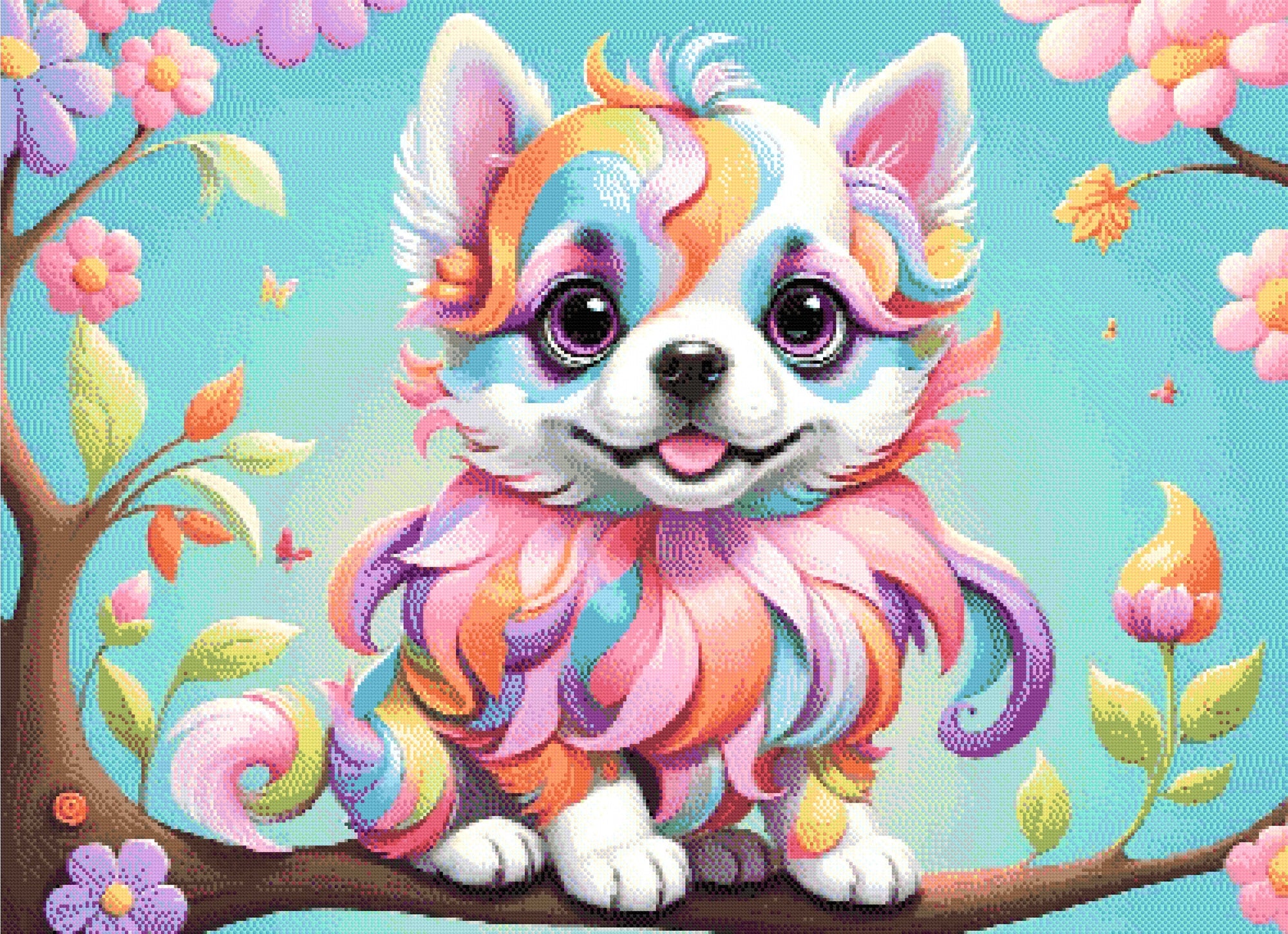 A Diamond Painting Rendering Of A Rainbow-coloured Puppy With Big Eyes Sits On A Tree Branch Surrounded By Colourful Flowers And Butterflies. Size - 110cm X 80cm