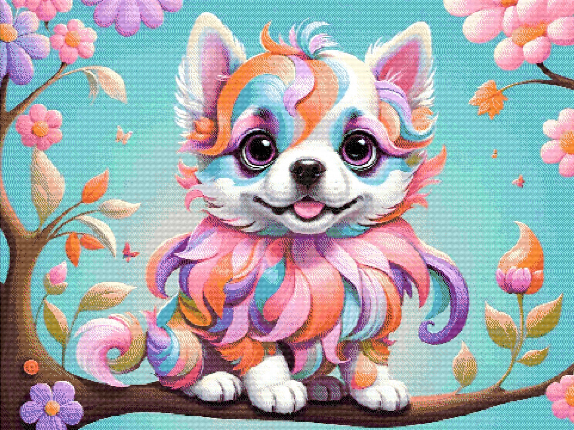 A Diamond Painting Rendering Of A Rainbow-coloured Puppy With Big Eyes Sits On A Tree Branch Surrounded By Colourful Flowers And Butterflies. Size - 120cm X 90cm