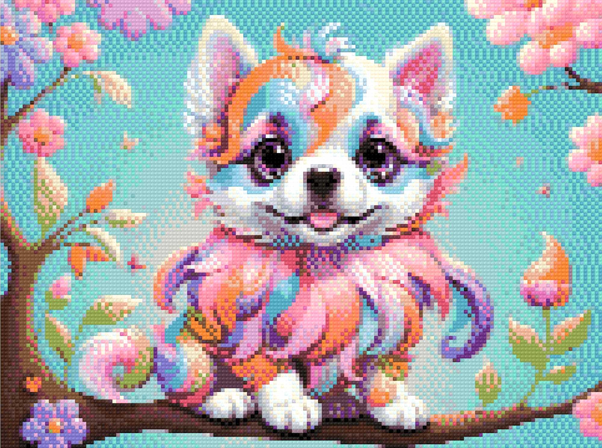 A Diamond Painting Rendering Of A Rainbow-coloured Puppy With Big Eyes Sits On A Tree Branch Surrounded By Colourful Flowers And Butterflies. Size - 40cm X 30cm