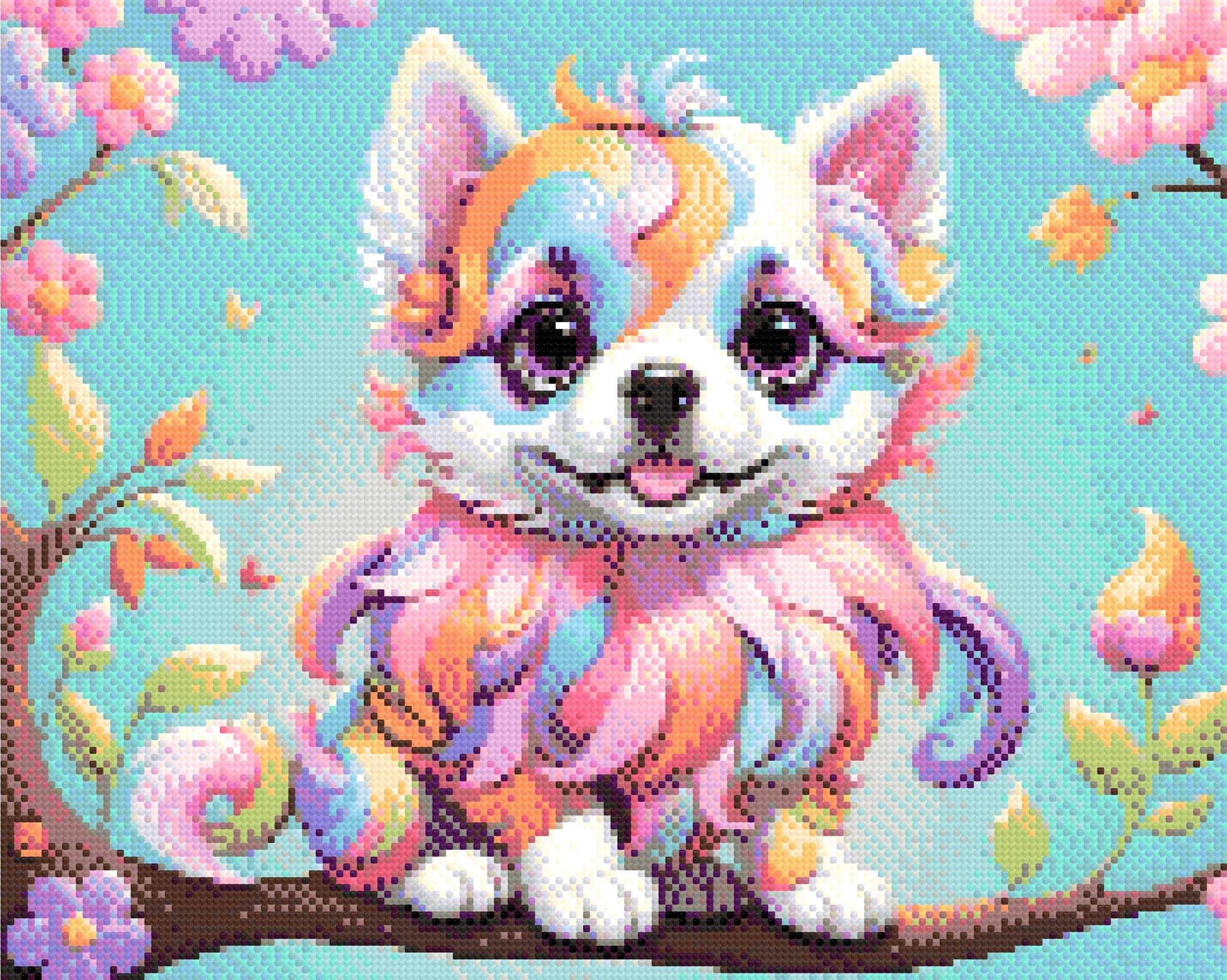A Diamond Painting Rendering Of A Rainbow-coloured Puppy With Big Eyes Sits On A Tree Branch Surrounded By Colourful Flowers And Butterflies. Size - 50cm X 40cm