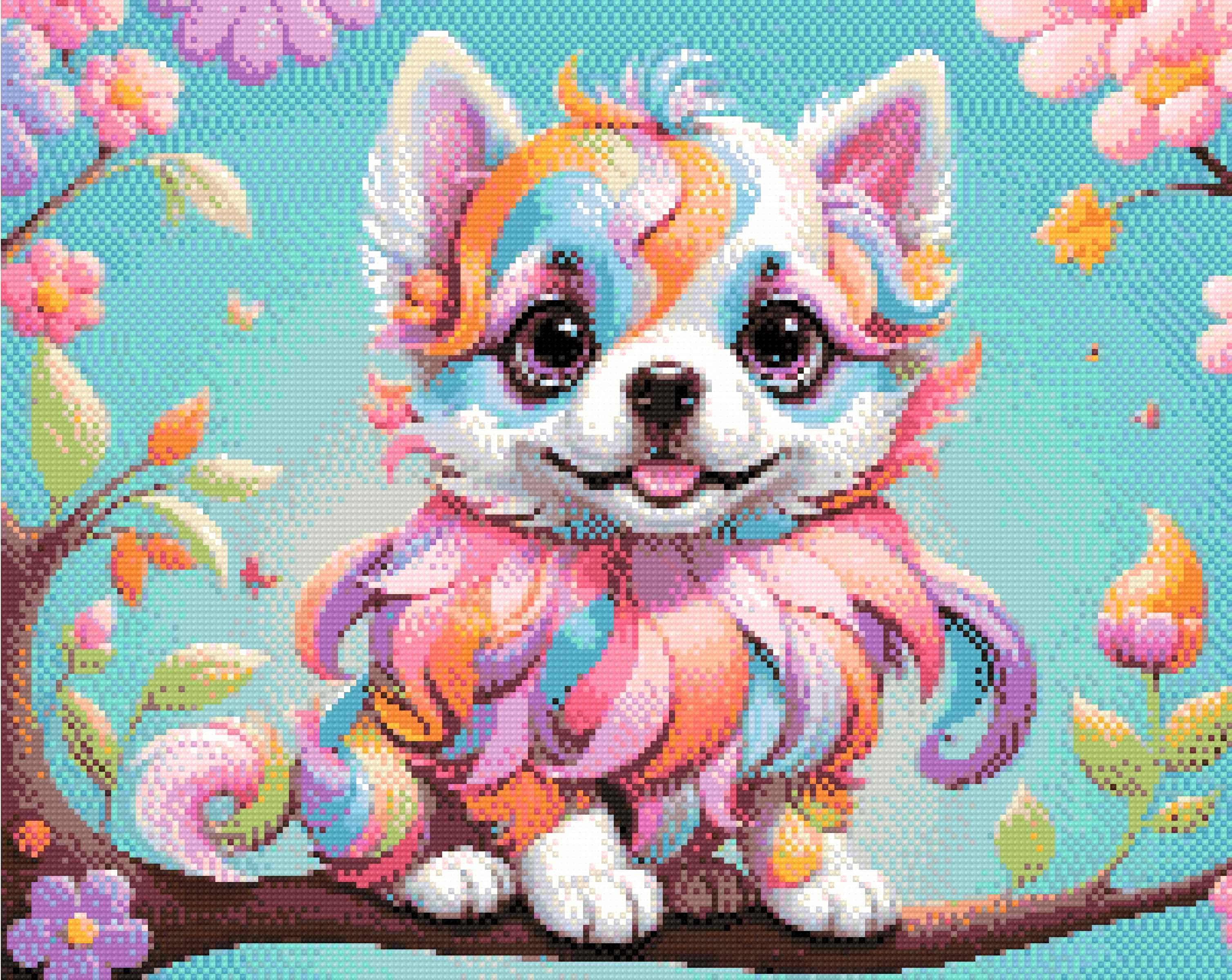 A Diamond Painting Rendering Of A Rainbow-coloured Puppy With Big Eyes Sits On A Tree Branch Surrounded By Colourful Flowers And Butterflies. Size - 50cm X 40cm