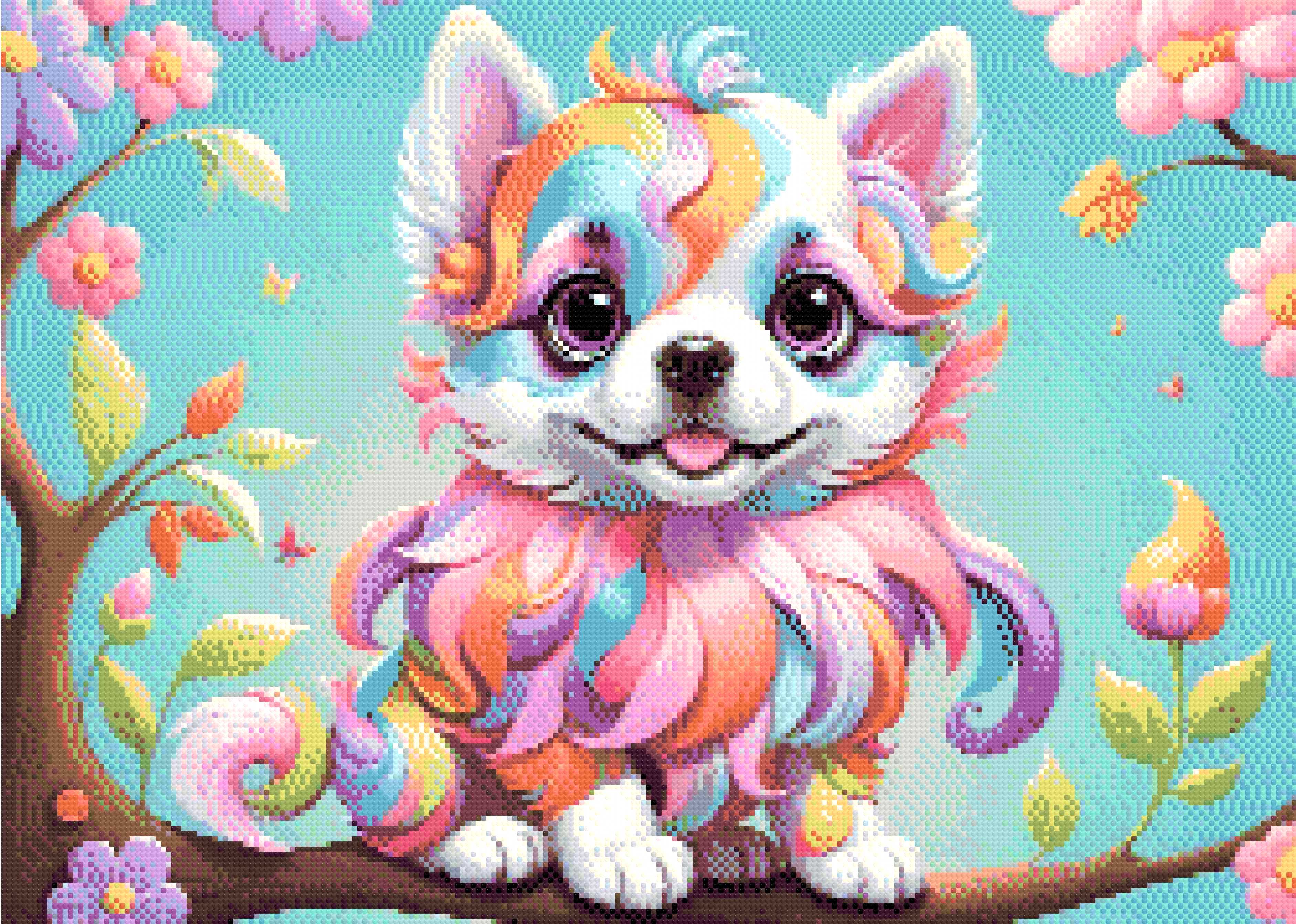 A Diamond Painting Rendering Of A Rainbow-coloured Puppy With Big Eyes Sits On A Tree Branch Surrounded By Colourful Flowers And Butterflies. Size - 70cm X 50cm
