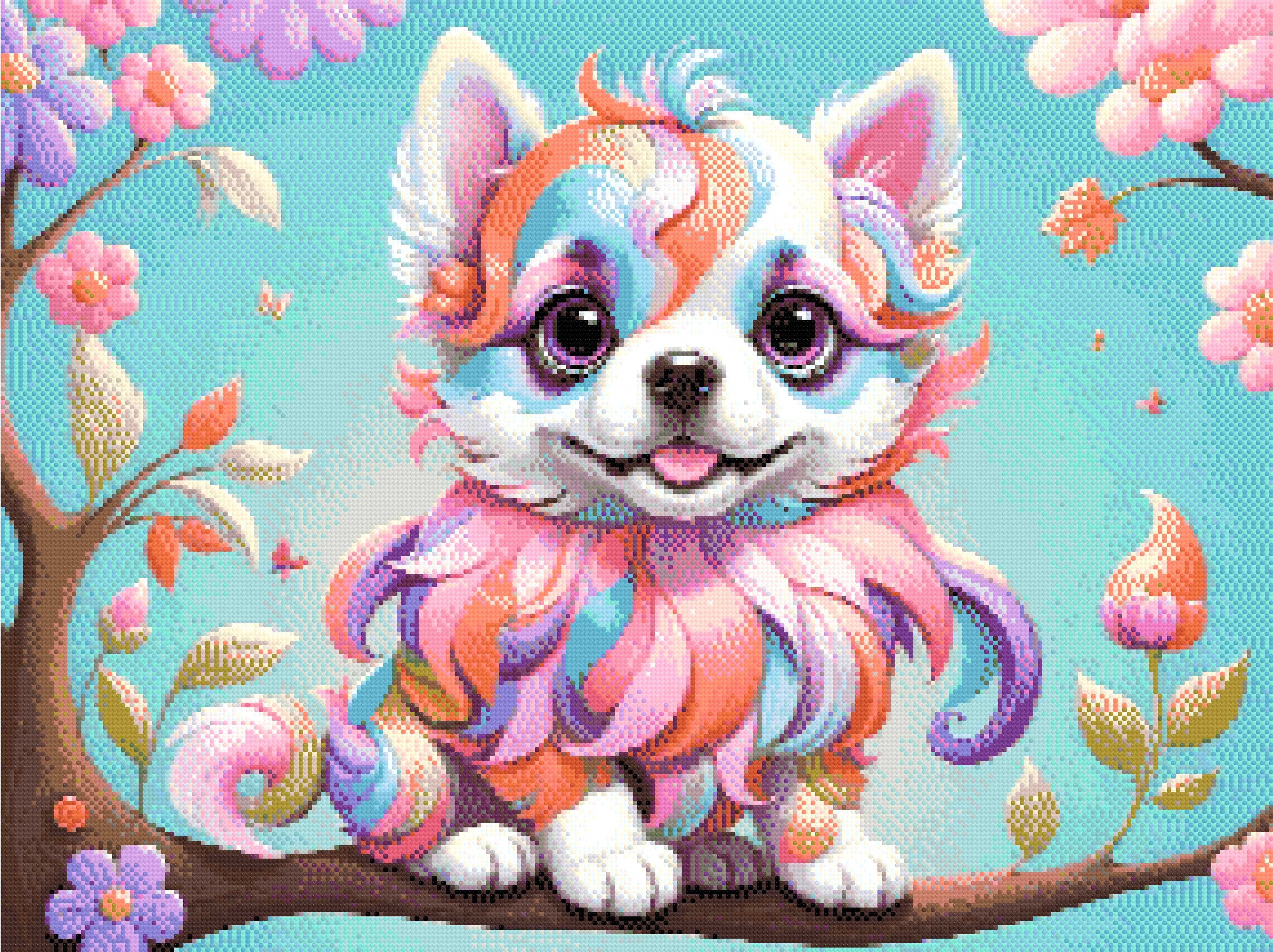 A Diamond Painting Rendering Of A Rainbow-coloured Puppy With Big Eyes Sits On A Tree Branch Surrounded By Colourful Flowers And Butterflies. Size - 80cm X 60cm