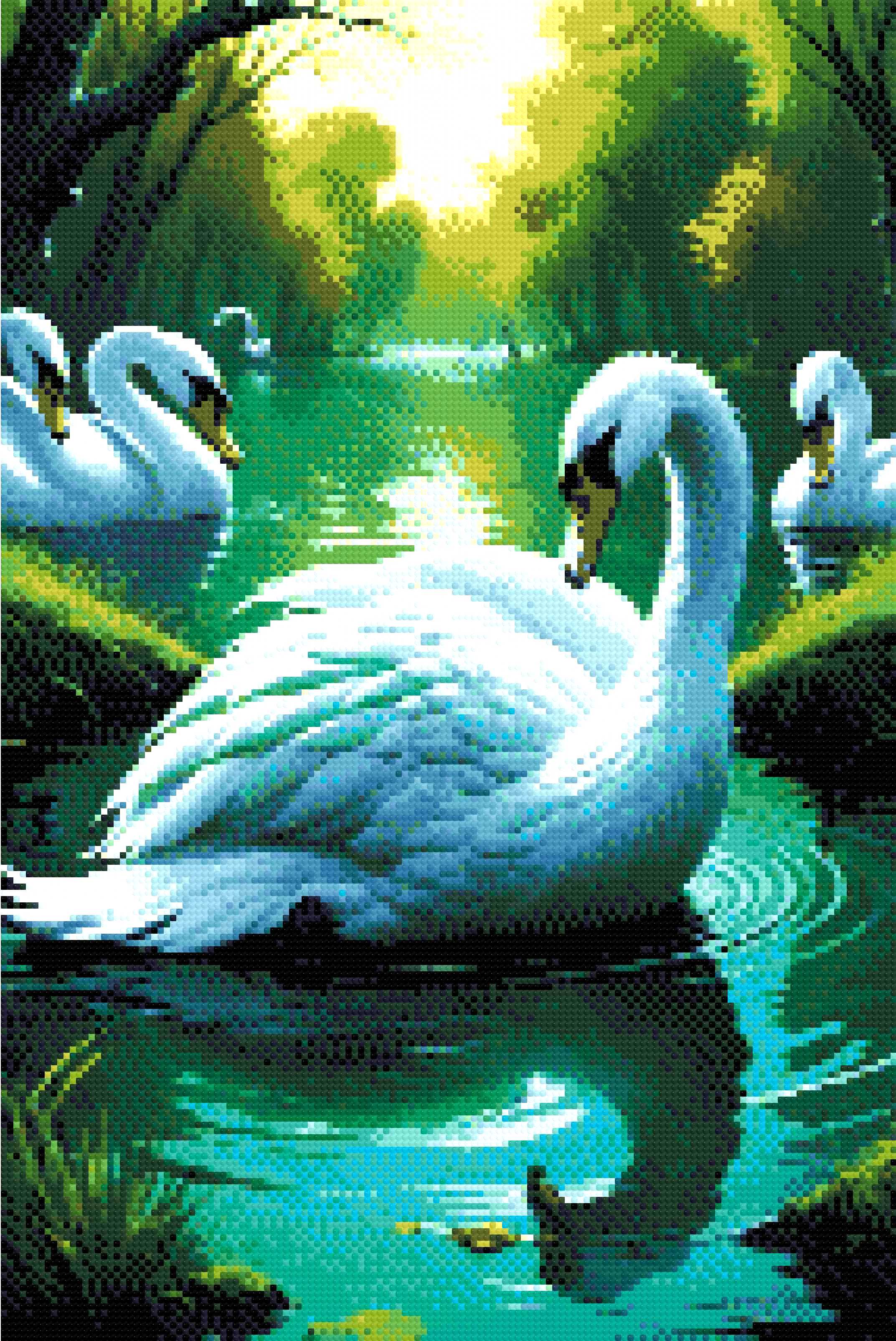 A Diamond Painting Rendering Of A Group Of Elegant Swans Float On A Tranquil Pond Surrounded By Lush Greenery And Reflected In The Water. Size - 40cm X 60cm