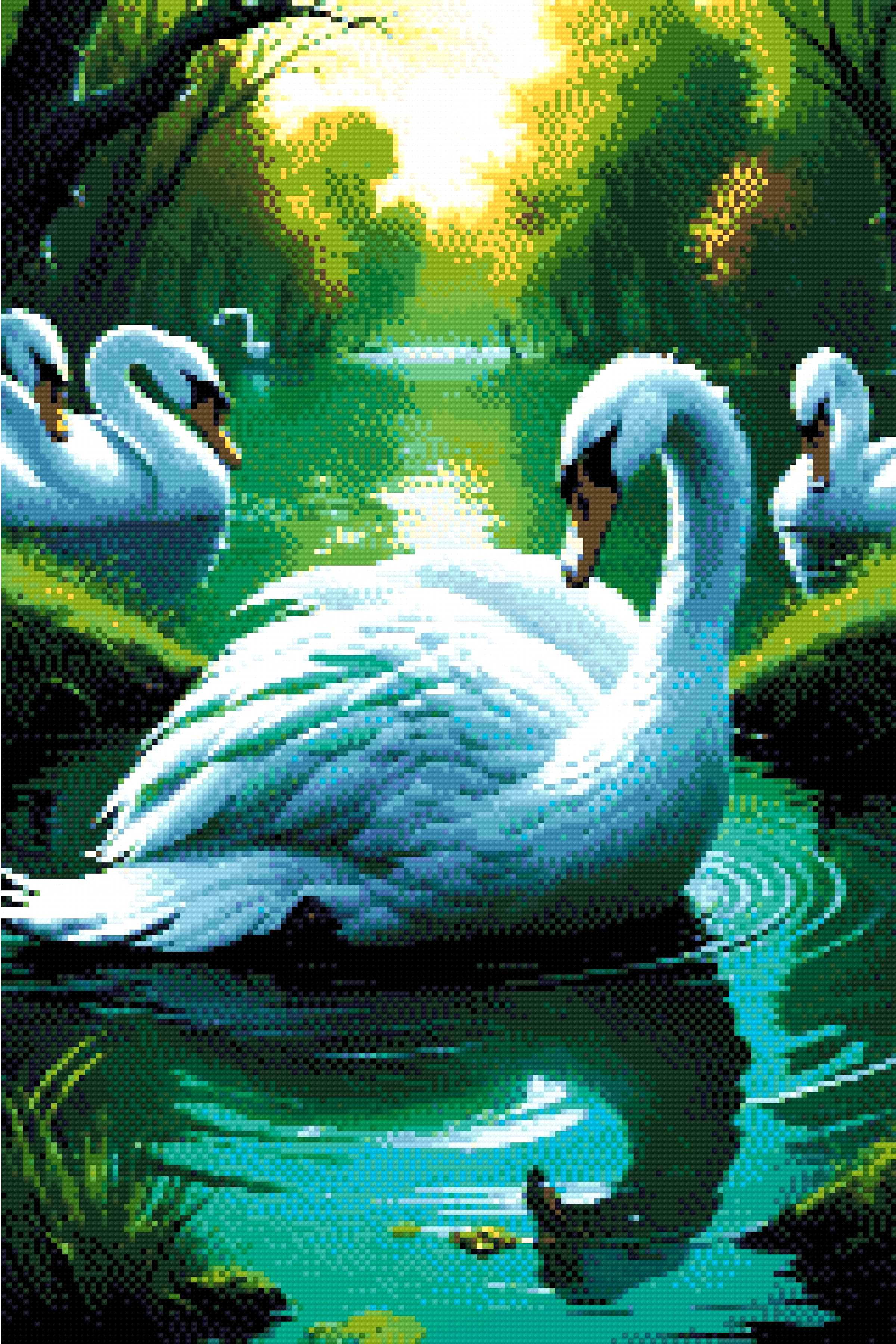 A Diamond Painting Rendering Of A Group Of Elegant Swans Float On A Tranquil Pond Surrounded By Lush Greenery And Reflected In The Water. Size - 40cm X 60cm