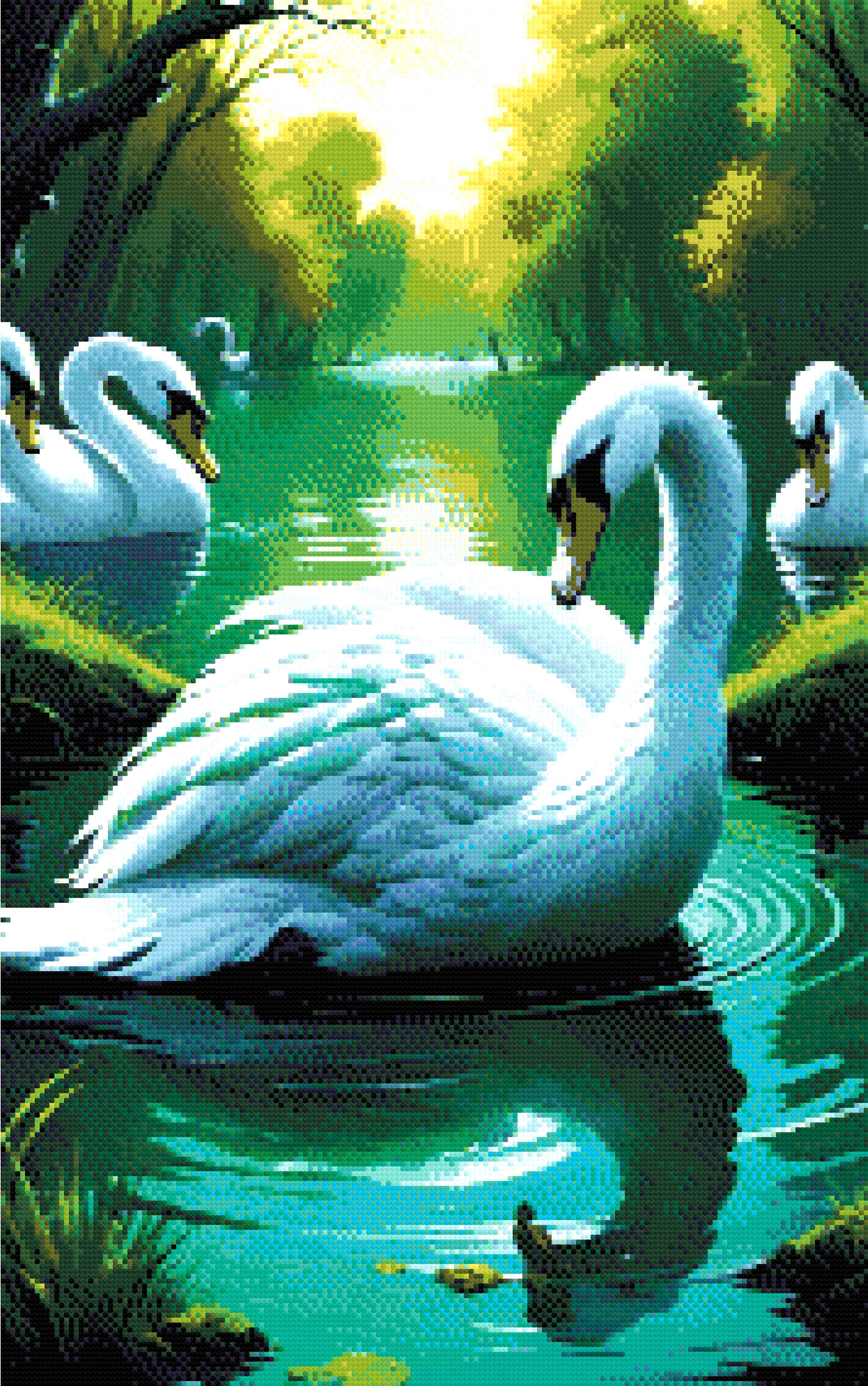 A Diamond Painting Rendering Of A Group Of Elegant Swans Float On A Tranquil Pond Surrounded By Lush Greenery And Reflected In The Water. Size - 50cm X 80cm