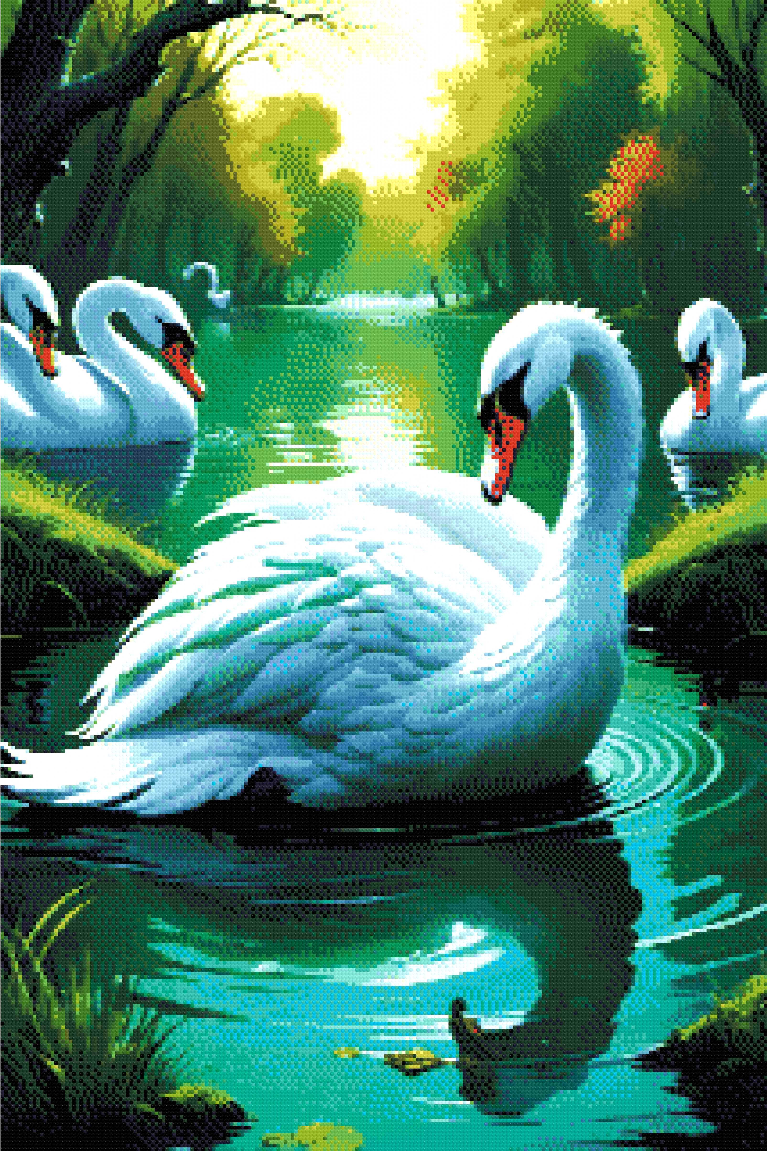 A Diamond Painting Rendering Of A Group Of Elegant Swans Float On A Tranquil Pond Surrounded By Lush Greenery And Reflected In The Water. Size - 60cm X 90cm