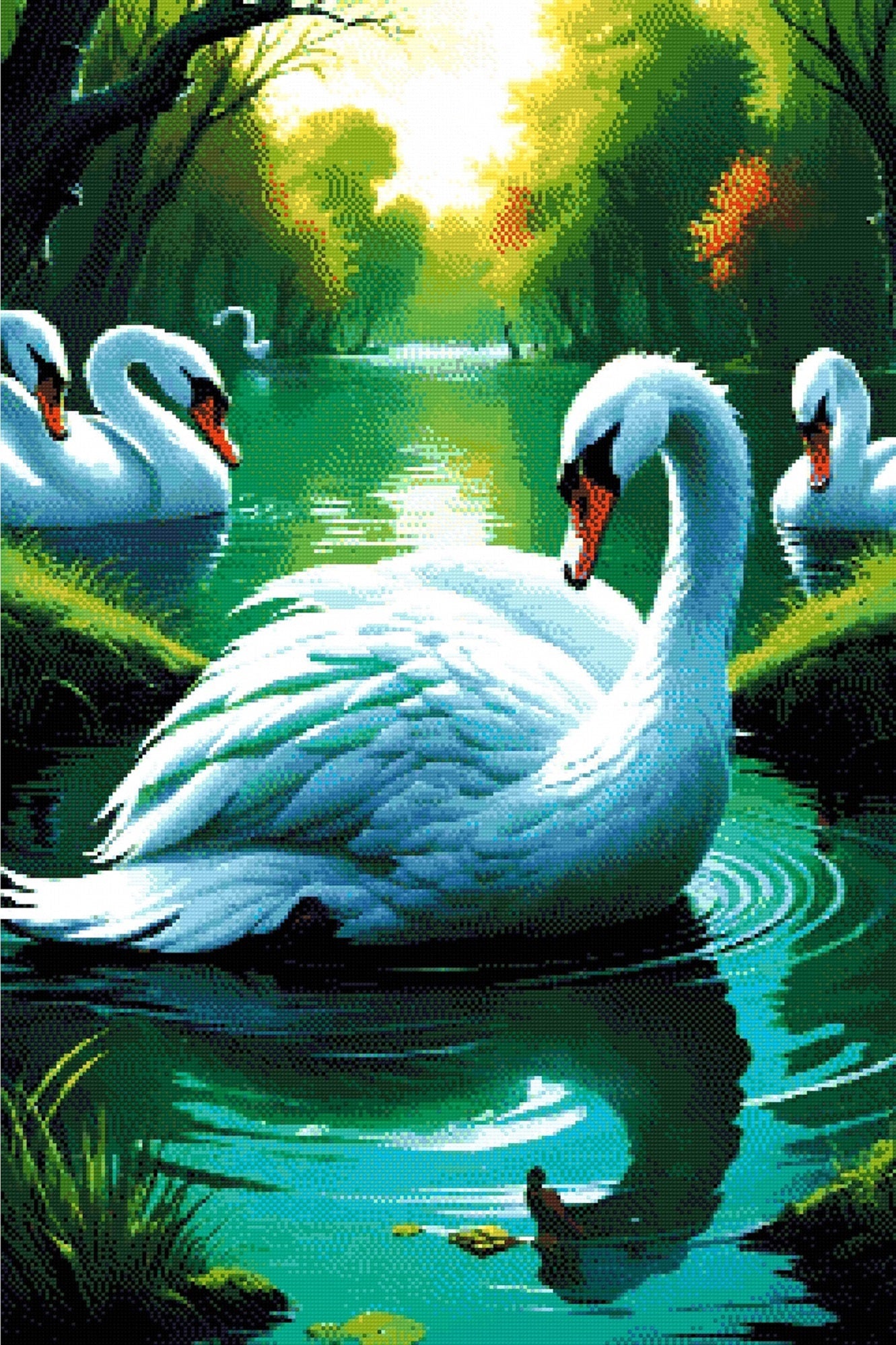 A Diamond Painting Rendering Of A Group Of Elegant Swans Float On A Tranquil Pond Surrounded By Lush Greenery And Reflected In The Water. Size - 60cm X 90cm