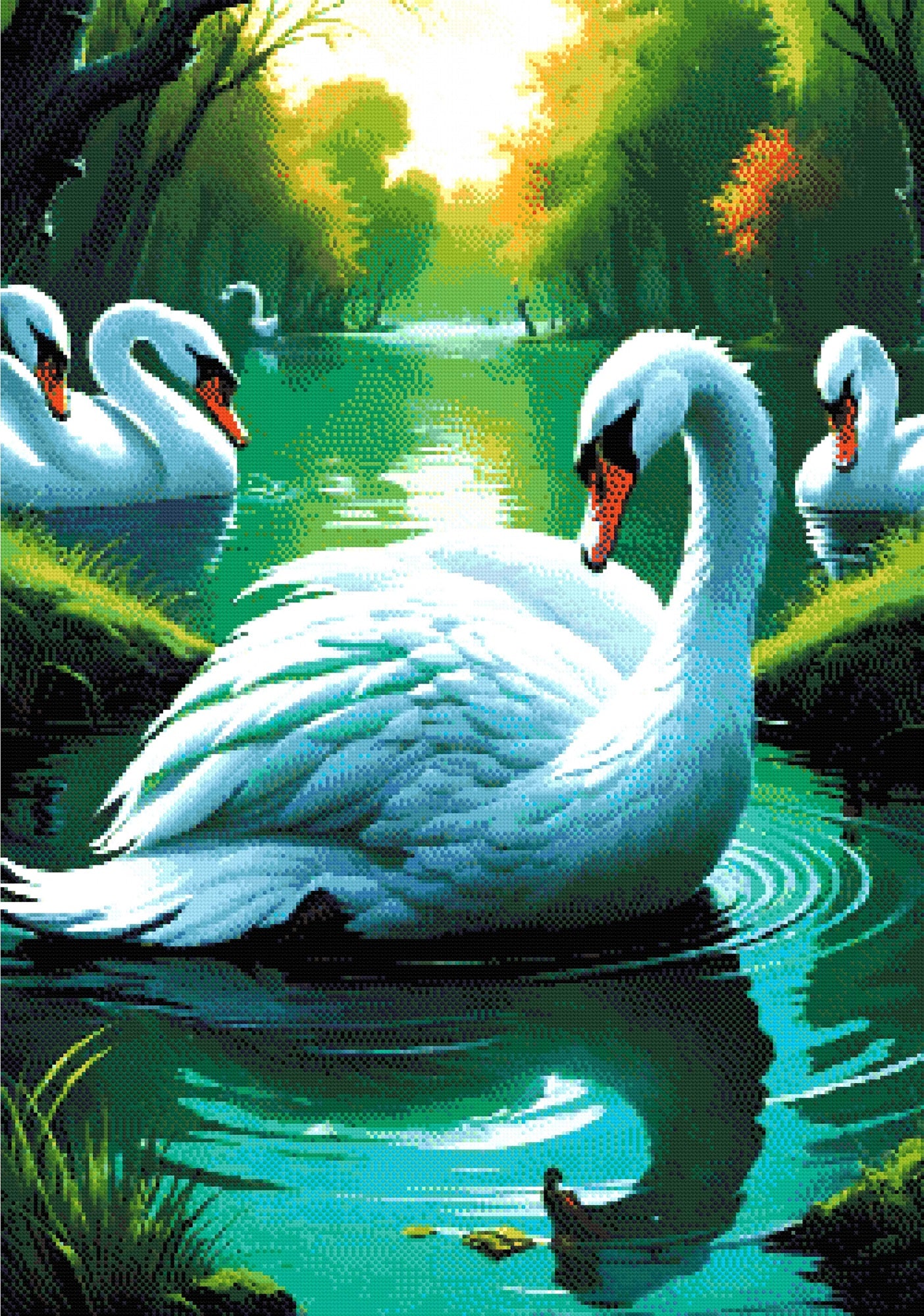 A Diamond Painting Rendering Of A Group Of Elegant Swans Float On A Tranquil Pond Surrounded By Lush Greenery And Reflected In The Water. Size - 70cm X 100cm