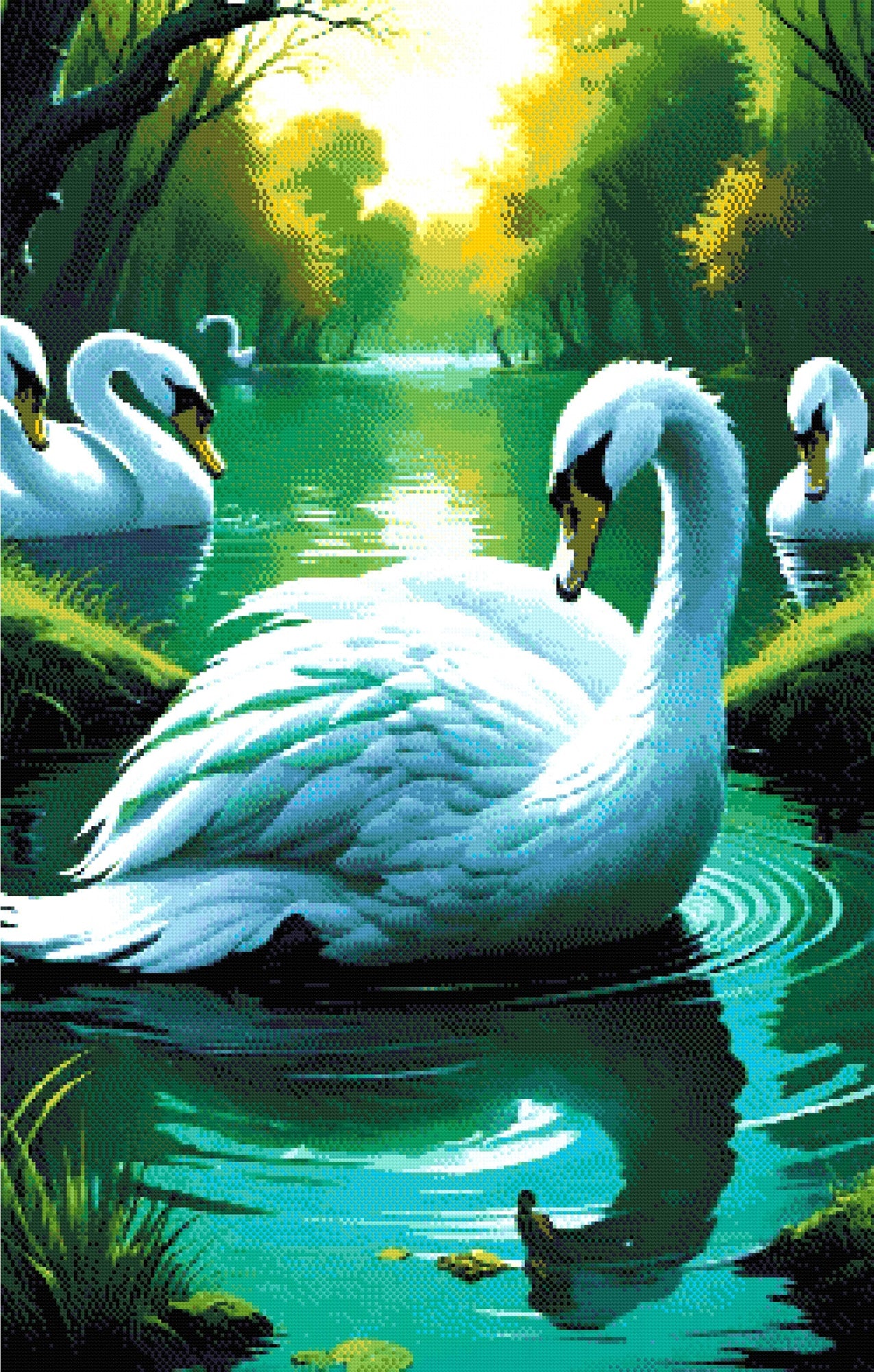 A Diamond Painting Rendering Of A Group Of Elegant Swans Float On A Tranquil Pond Surrounded By Lush Greenery And Reflected In The Water. Size - 70cm X 110cm