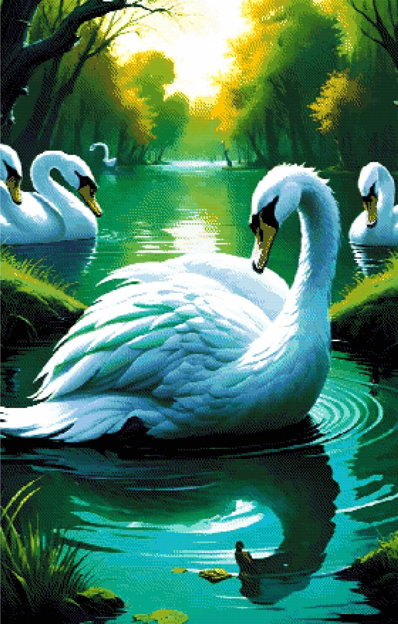 A Diamond Painting Rendering Of A Group Of Elegant Swans Float On A Tranquil Pond Surrounded By Lush Greenery And Reflected In The Water. Size - 70cm X 110cm