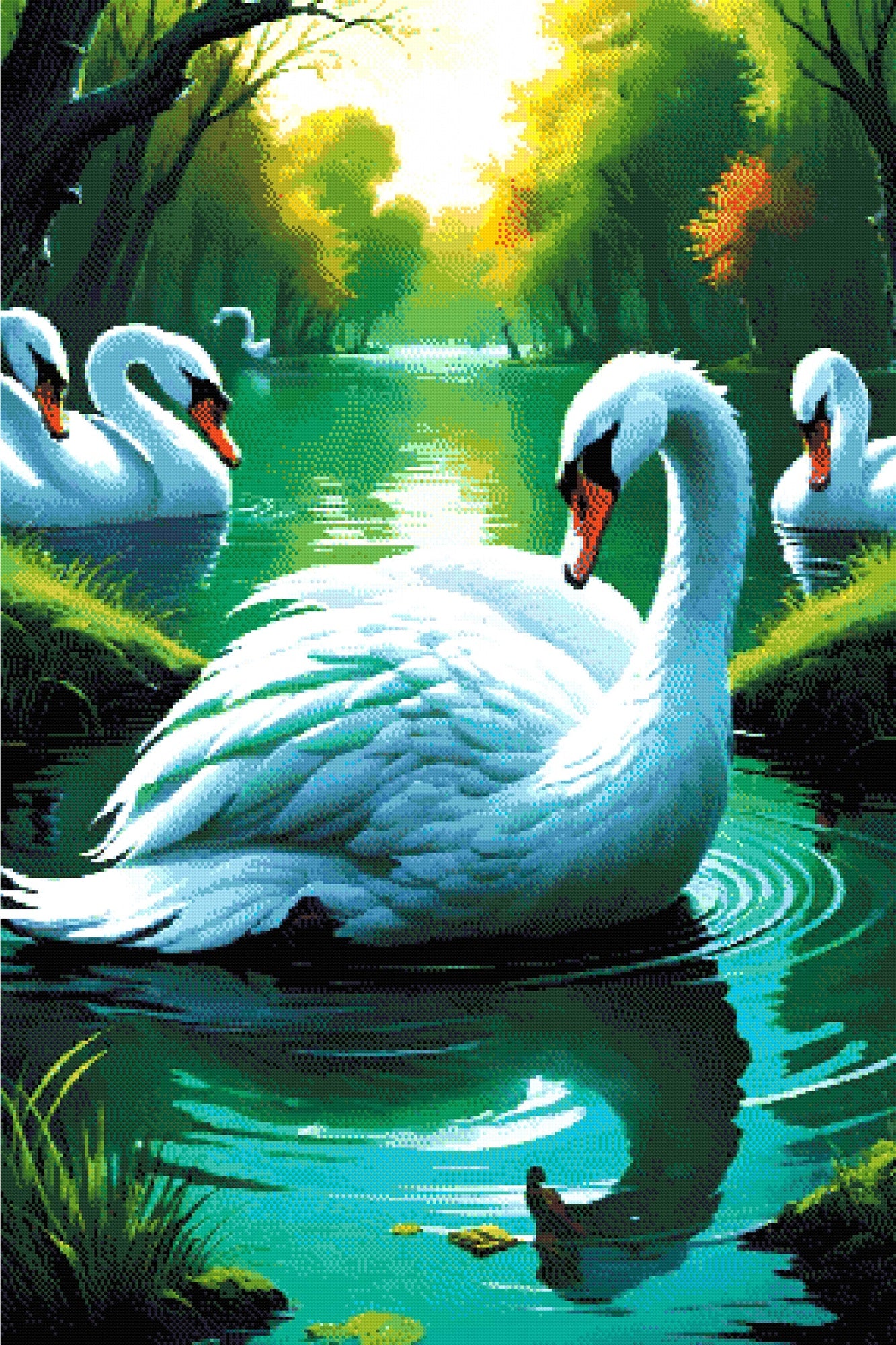 A Diamond Painting Rendering Of A Group Of Elegant Swans Float On A Tranquil Pond Surrounded By Lush Greenery And Reflected In The Water. Size - 80cm X 120cm