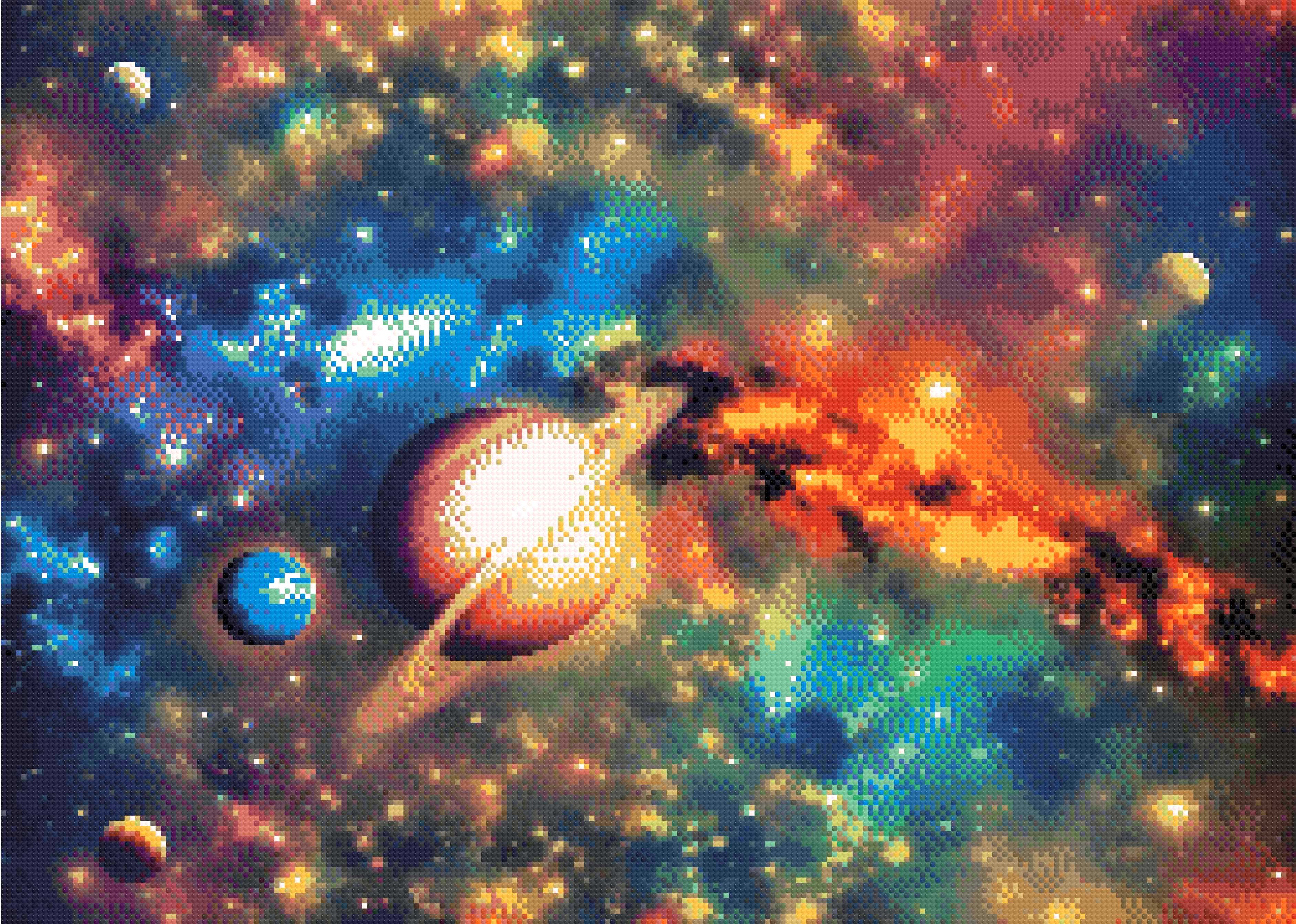 A Diamond Painting Rendering Of Vibrant Image Of Planets Floating Through A Colourful Cosmic Sea Of Nebulas And Stars. Size - 70cm X 50cm