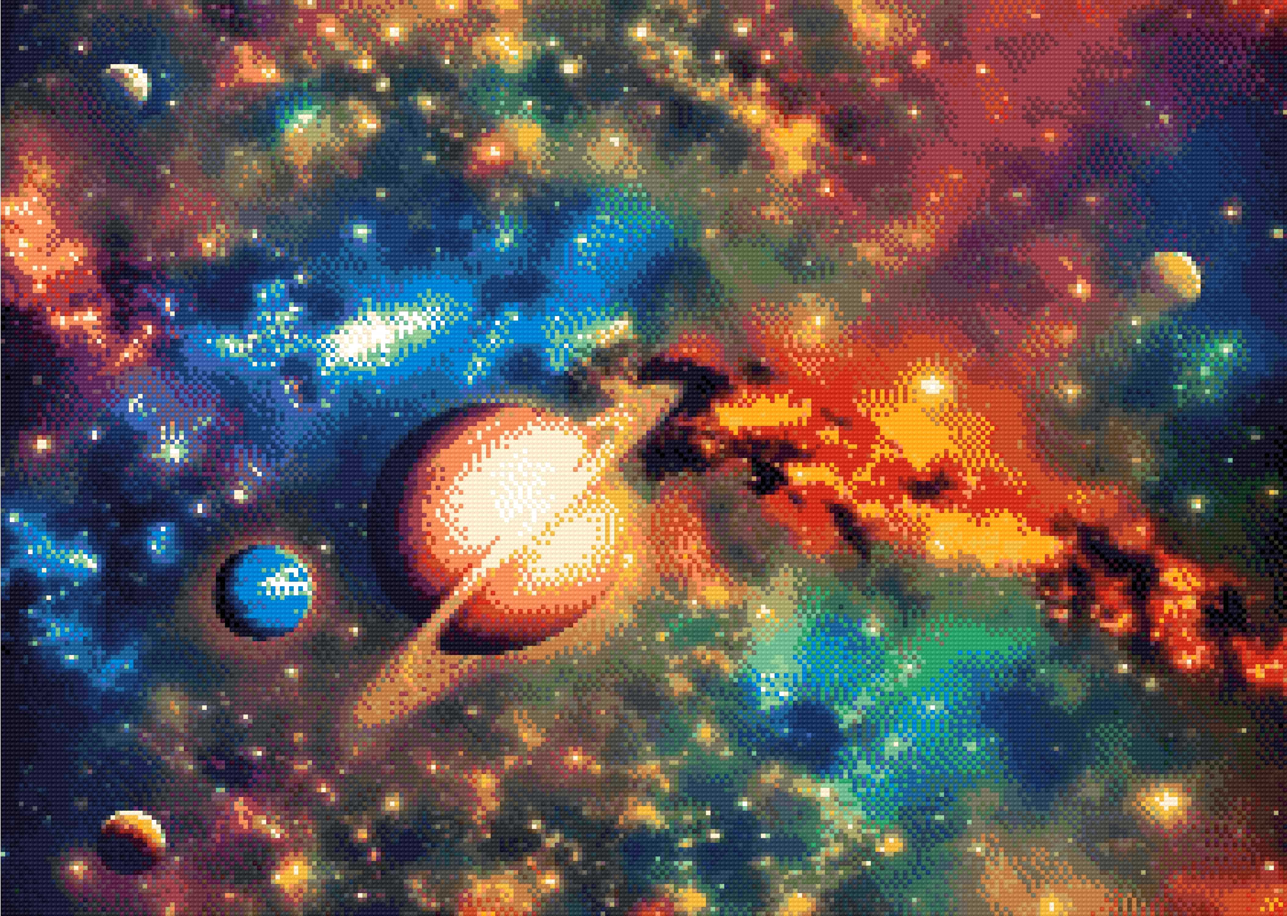 A Diamond Painting Rendering Of Vibrant Image Of Planets Floating Through A Colourful Cosmic Sea Of Nebulas And Stars. Size - 70cm X 50cm