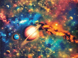 A Diamond Painting Rendering Of Vibrant Image Of Planets Floating Through A Colourful Cosmic Sea Of Nebulas And Stars. Size - 80cm X 60cm