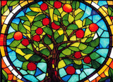 A Diamond Painting Rendering Of Stained Glass Window Depicting A Tree With Green Leaves And Red Fruits, Set Against A Colourful Blue And Amber Background. Size - 110cm X 80cm