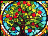 A Diamond Painting Rendering Of Stained Glass Window Depicting A Tree With Green Leaves And Red Fruits, Set Against A Colourful Blue And Amber Background. Size - 120cm X 90cm