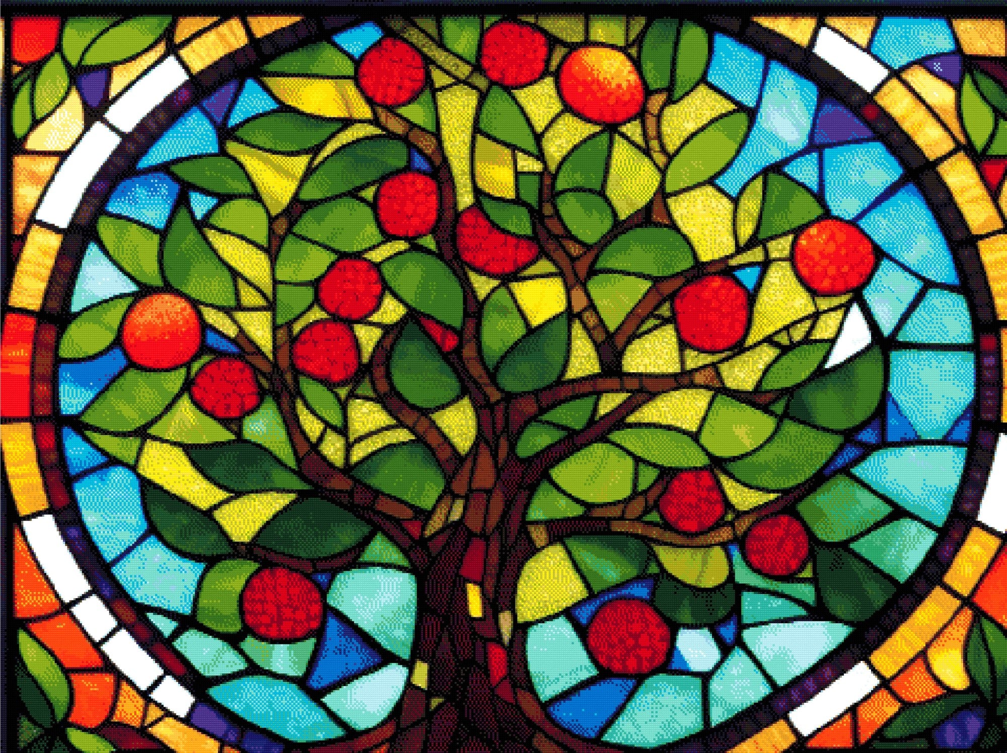 A Diamond Painting Rendering Of Stained Glass Window Depicting A Tree With Green Leaves And Red Fruits, Set Against A Colourful Blue And Amber Background. Size - 120cm X 90cm
