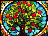 A Diamond Painting Rendering Of Stained Glass Window Depicting A Tree With Green Leaves And Red Fruits, Set Against A Colourful Blue And Amber Background. Size - 120cm X 90cm