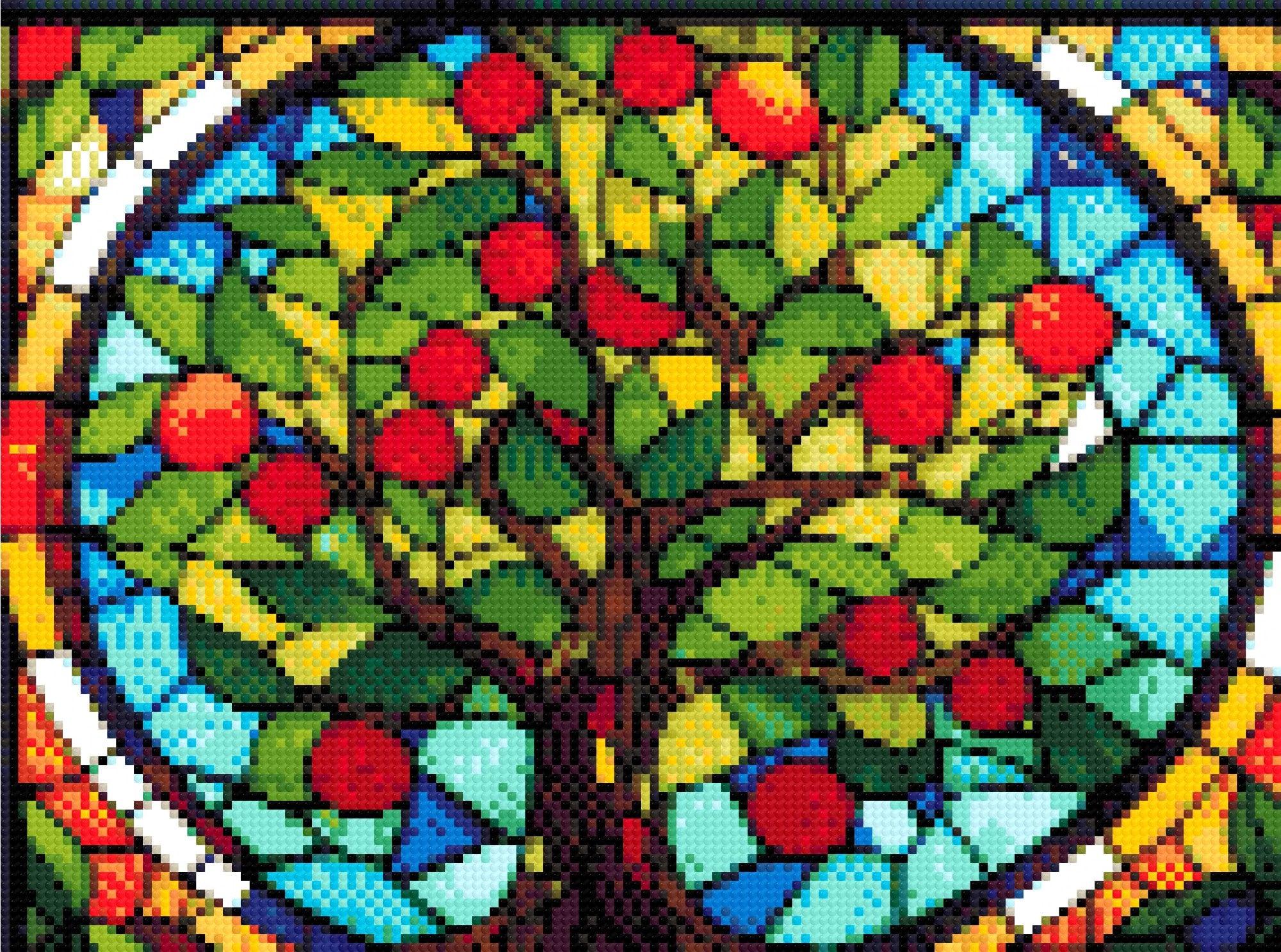 A Diamond Painting Rendering Of Stained Glass Window Depicting A Tree With Green Leaves And Red Fruits, Set Against A Colourful Blue And Amber Background. Size - 40cm X 30cm