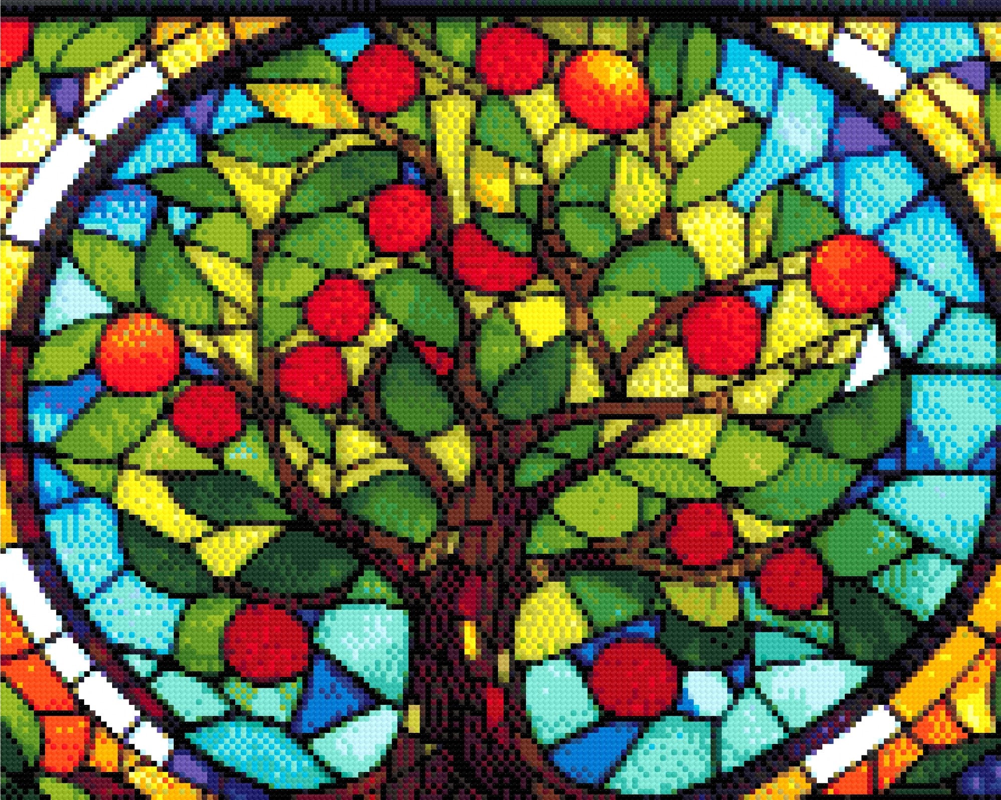 A Diamond Painting Rendering Of Stained Glass Window Depicting A Tree With Green Leaves And Red Fruits, Set Against A Colourful Blue And Amber Background. Size - 50cm X 40cm