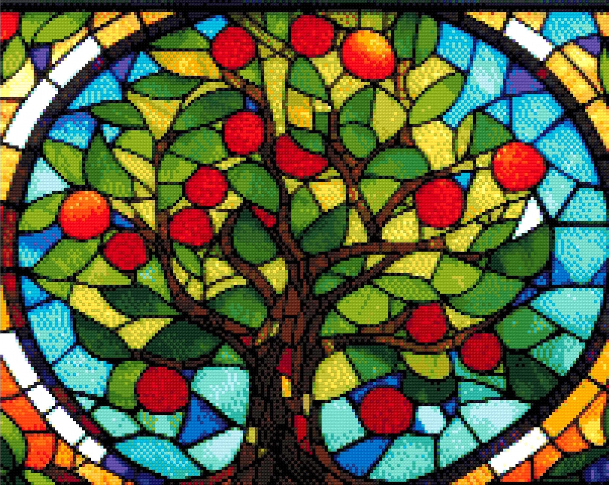 A Diamond Painting Rendering Of Stained Glass Window Depicting A Tree With Green Leaves And Red Fruits, Set Against A Colourful Blue And Amber Background. Size - 50cm X 40cm