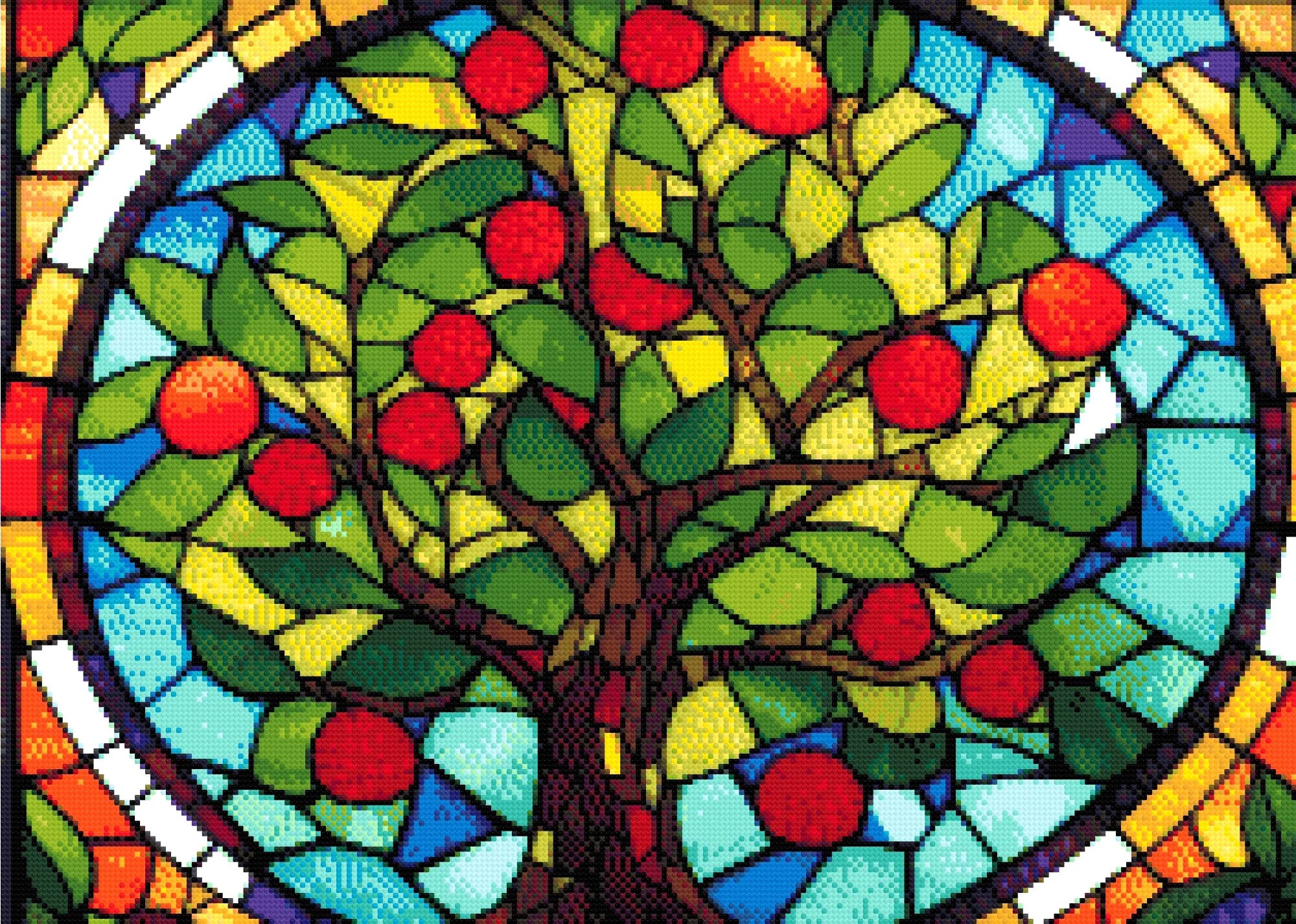 A Diamond Painting Rendering Of Stained Glass Window Depicting A Tree With Green Leaves And Red Fruits, Set Against A Colourful Blue And Amber Background. Size - 70cm X 50cm