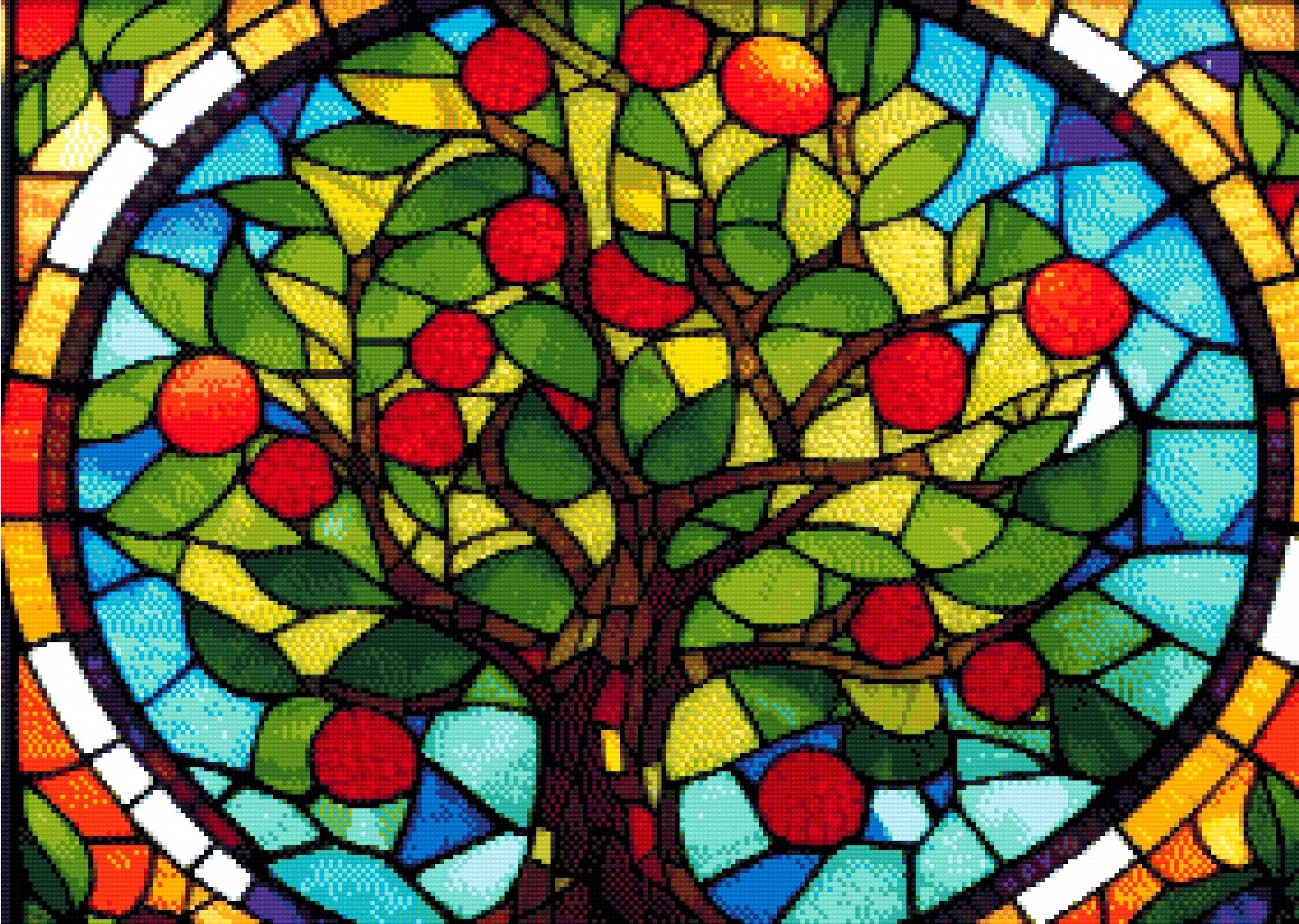 A Diamond Painting Rendering Of Stained Glass Window Depicting A Tree With Green Leaves And Red Fruits, Set Against A Colourful Blue And Amber Background. Size - 70cm X 50cm