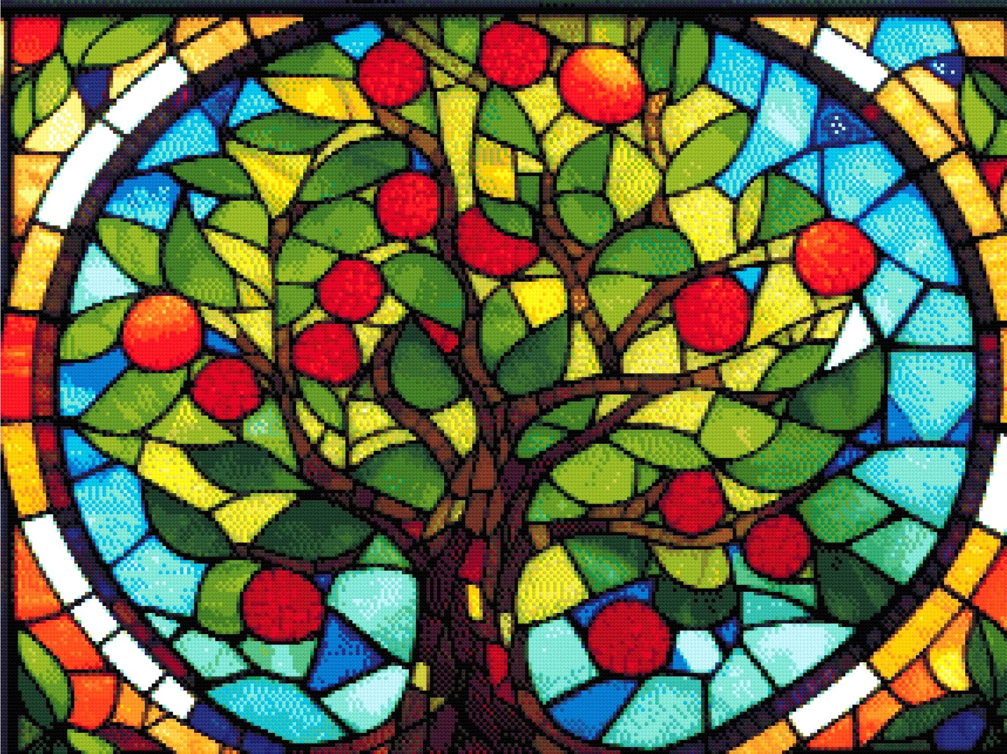 A Diamond Painting Rendering Of Stained Glass Window Depicting A Tree With Green Leaves And Red Fruits, Set Against A Colourful Blue And Amber Background. Size - 80cm X 60cm