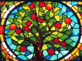 A Diamond Painting Rendering Of Stained Glass Window Depicting A Tree With Green Leaves And Red Fruits, Set Against A Colourful Blue And Amber Background. Size - 80cm X 60cm