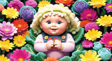 A Diamond Painting Rendering Of A Doll With Blonde Curly Hair And Bright Blue Eyes Lies Surrounded By Colourful Flowers In A Playful Garden Scene. Size - 110cm X 60cm