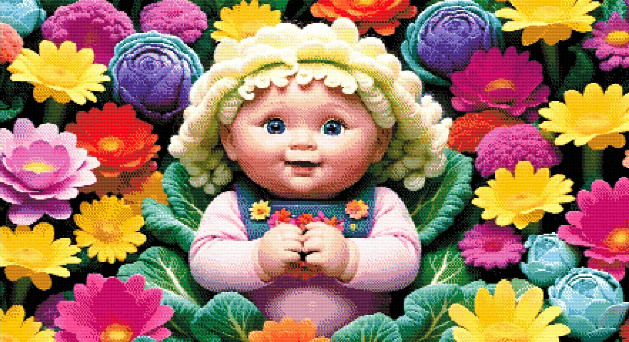 A Diamond Painting Rendering Of A Doll With Blonde Curly Hair And Bright Blue Eyes Lies Surrounded By Colourful Flowers In A Playful Garden Scene. Size - 110cm X 60cm