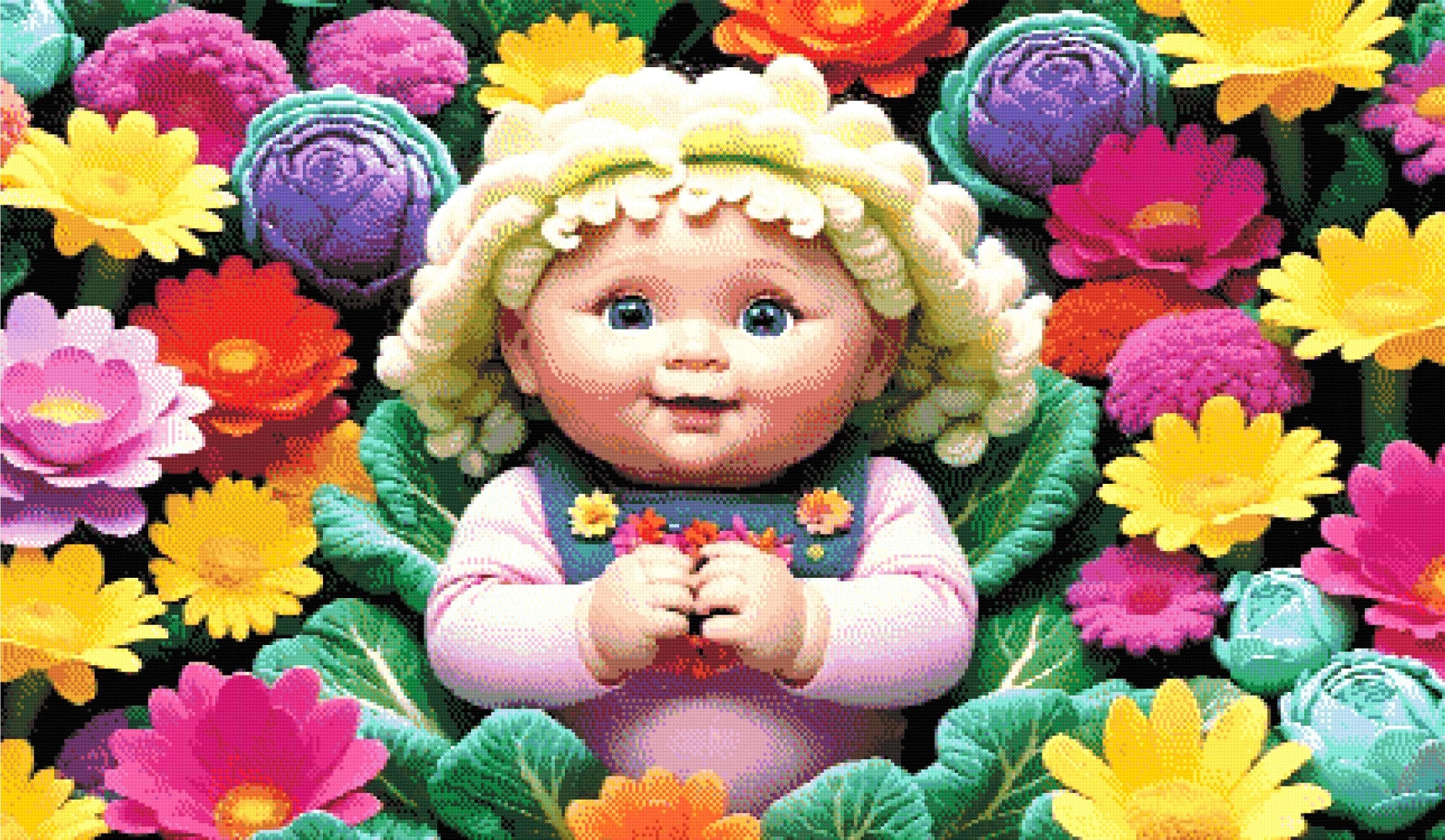 A Diamond Painting Rendering Of A Doll With Blonde Curly Hair And Bright Blue Eyes Lies Surrounded By Colourful Flowers In A Playful Garden Scene. Size - 120cm X 70cm